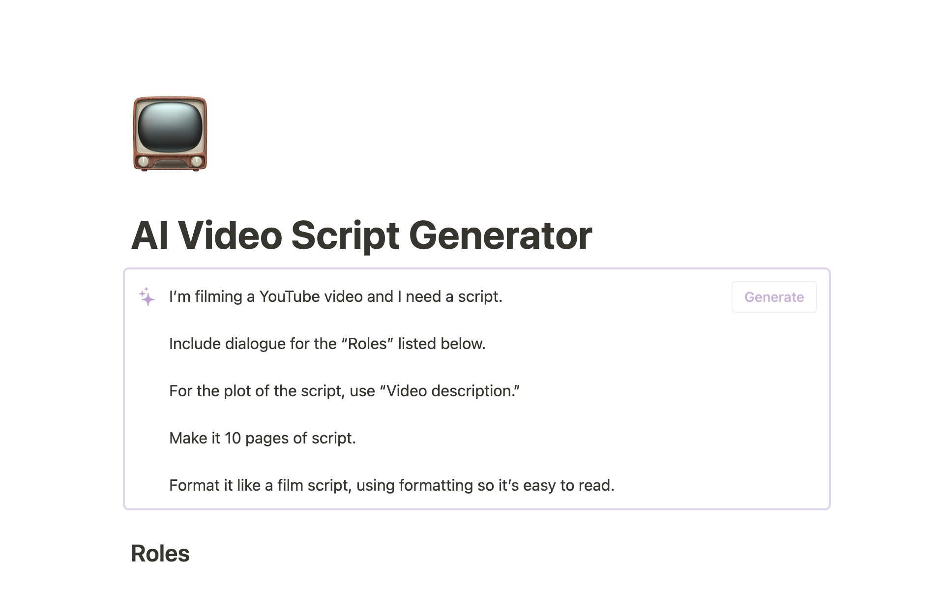 A template preview for AI Video Script Generator
