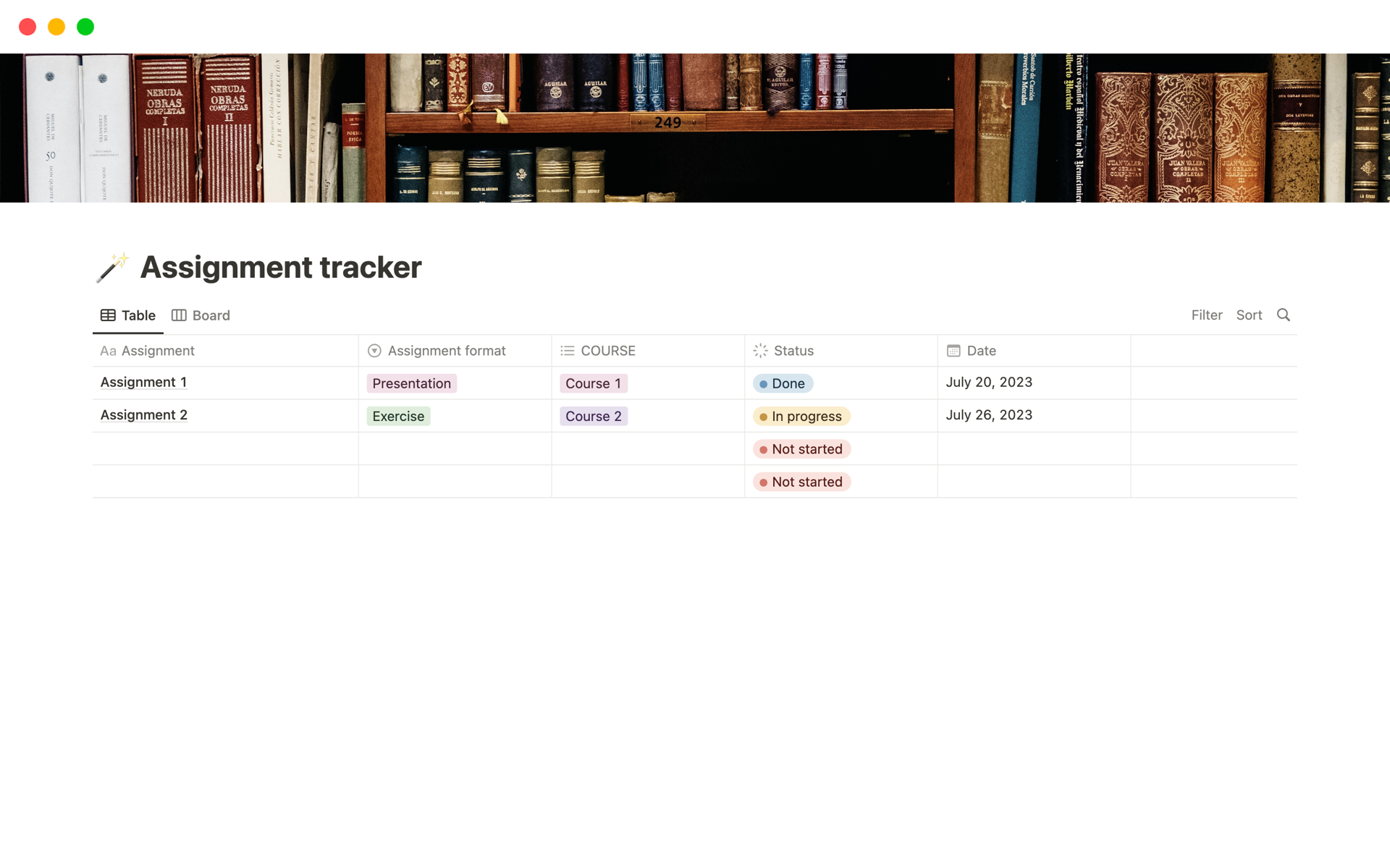 A template preview for Assignment Tracker