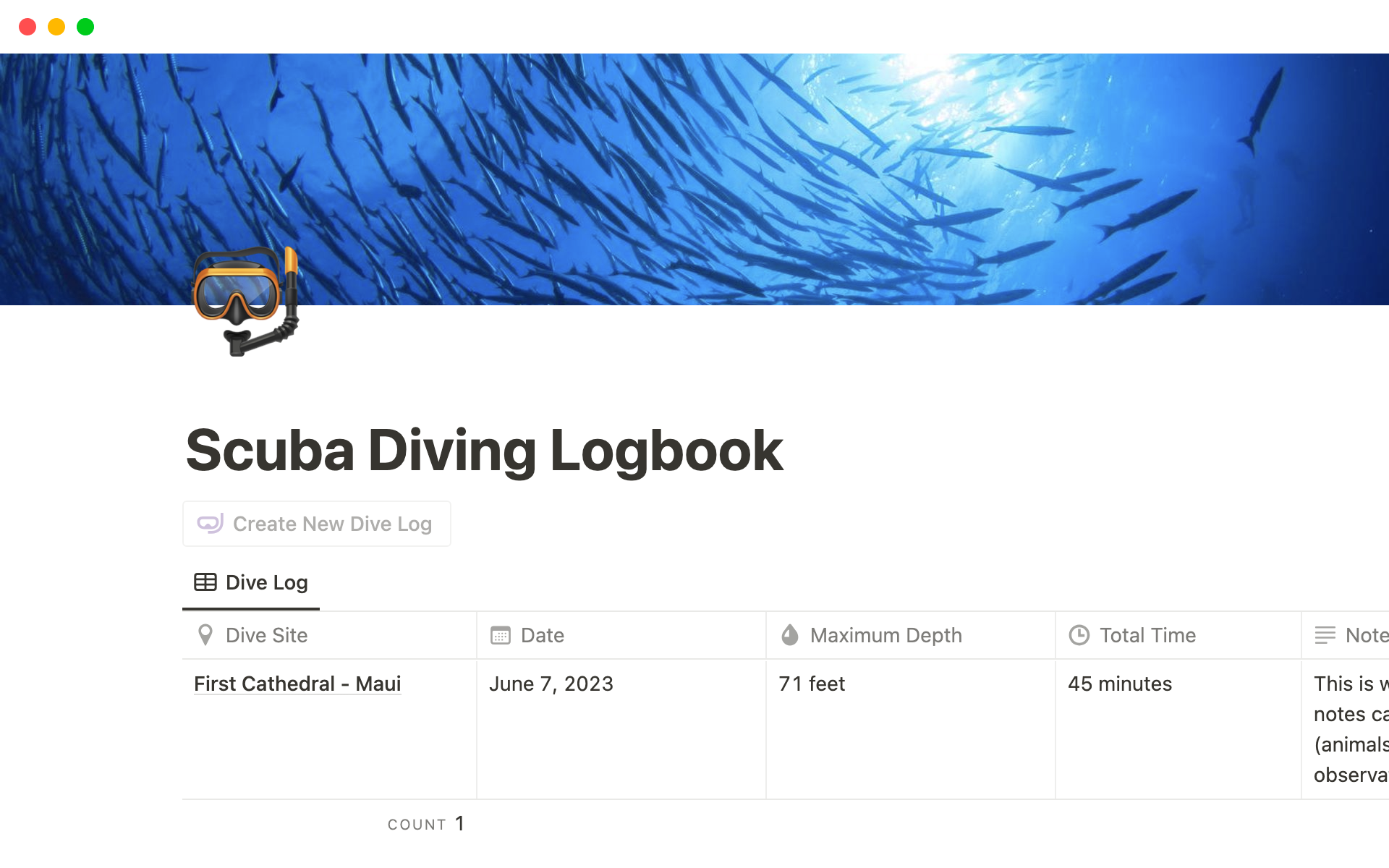 A template preview for Dive Log