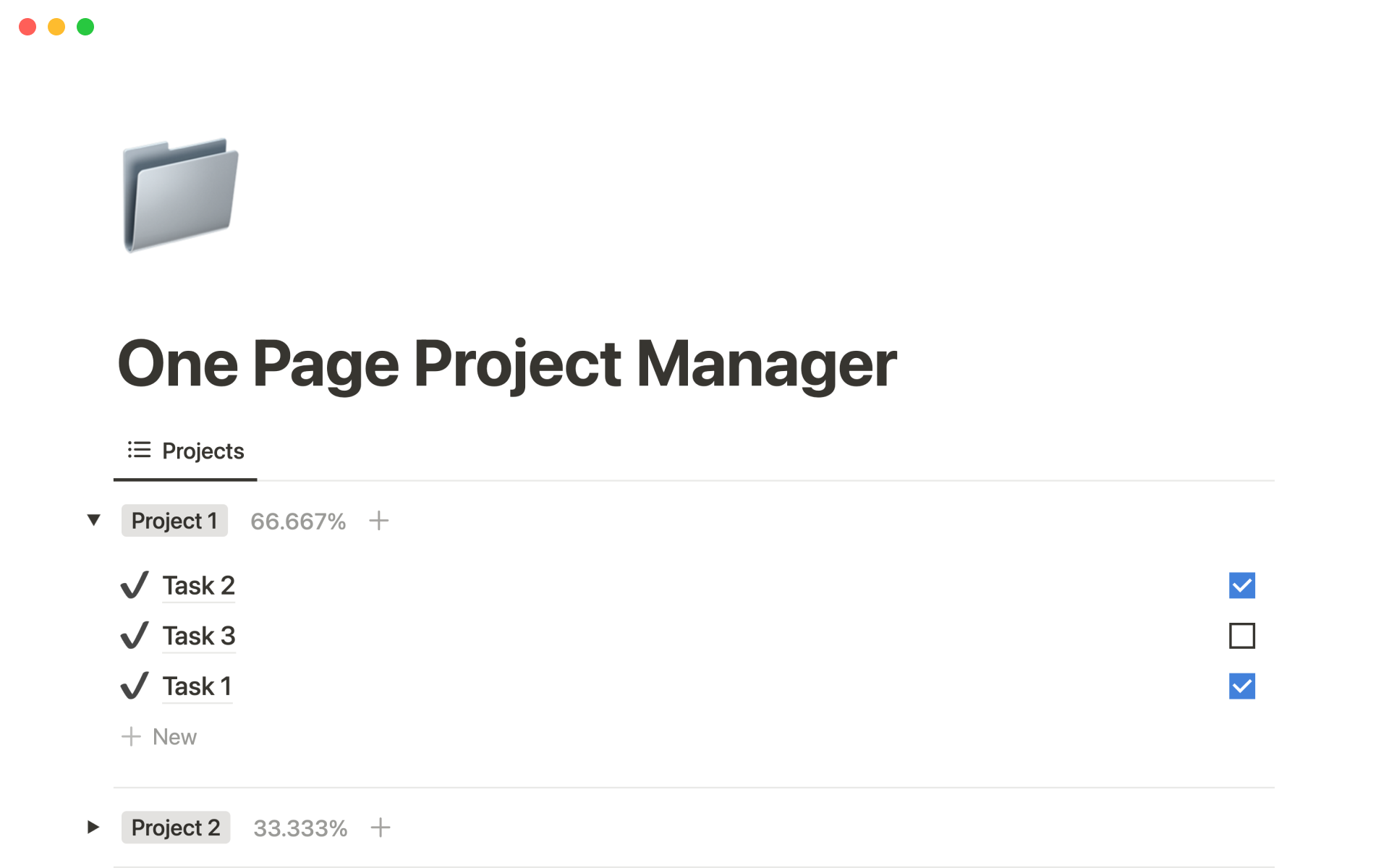 The One Page Project Manager is a simple Notion template to help you manage your projects and tasks in one single page.