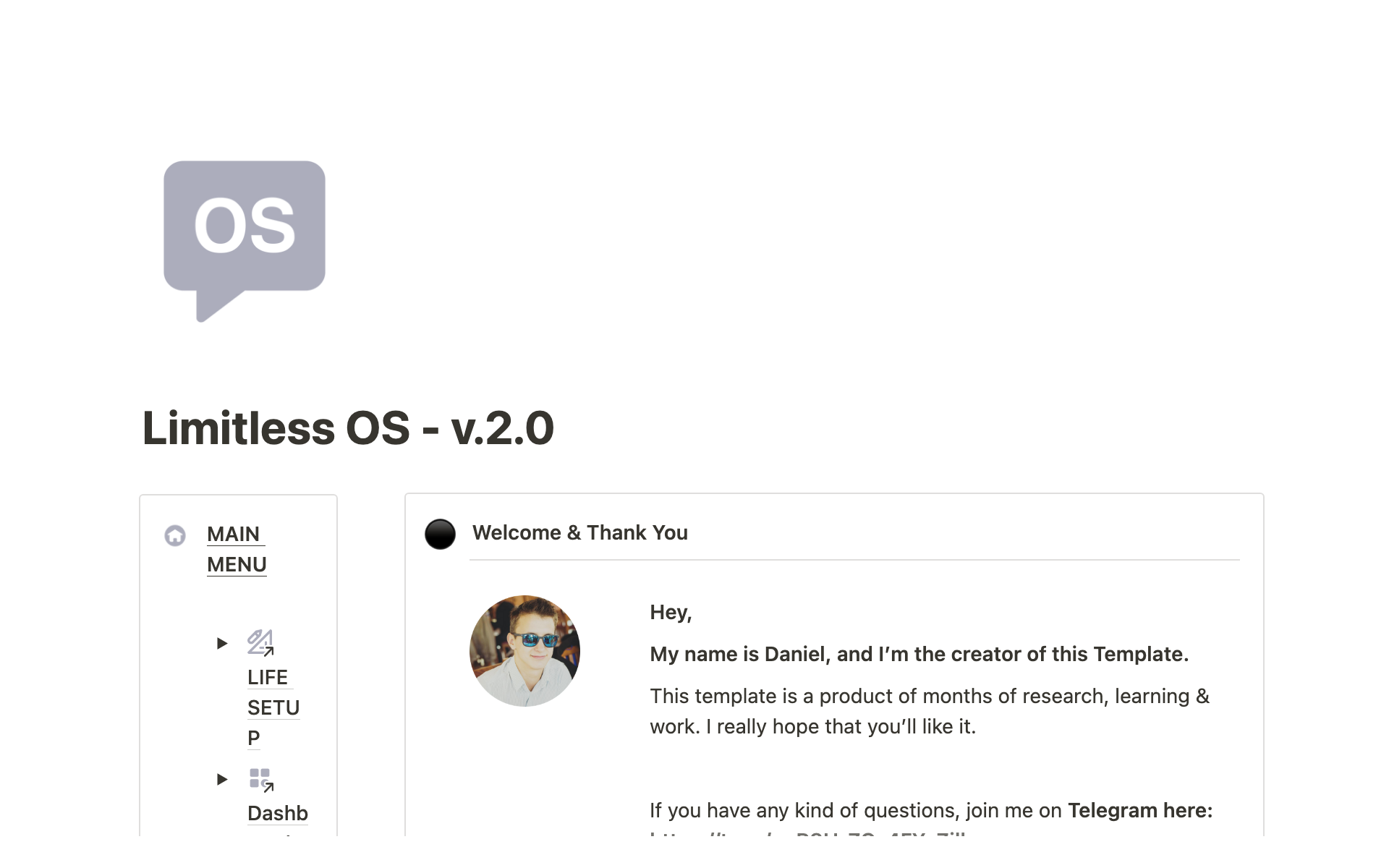 A template preview for Limitless OS