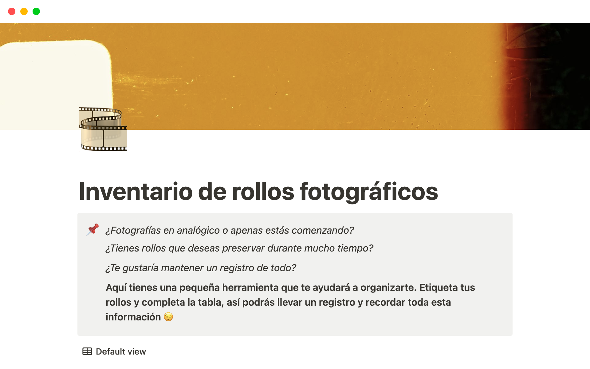 A template preview for Inventario de rollos fotográficos