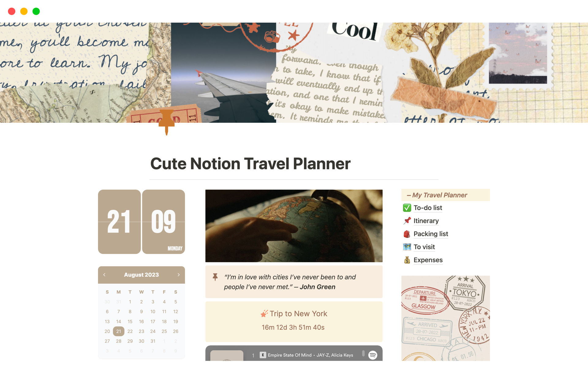 A template preview for Cute Notion Travel Planner