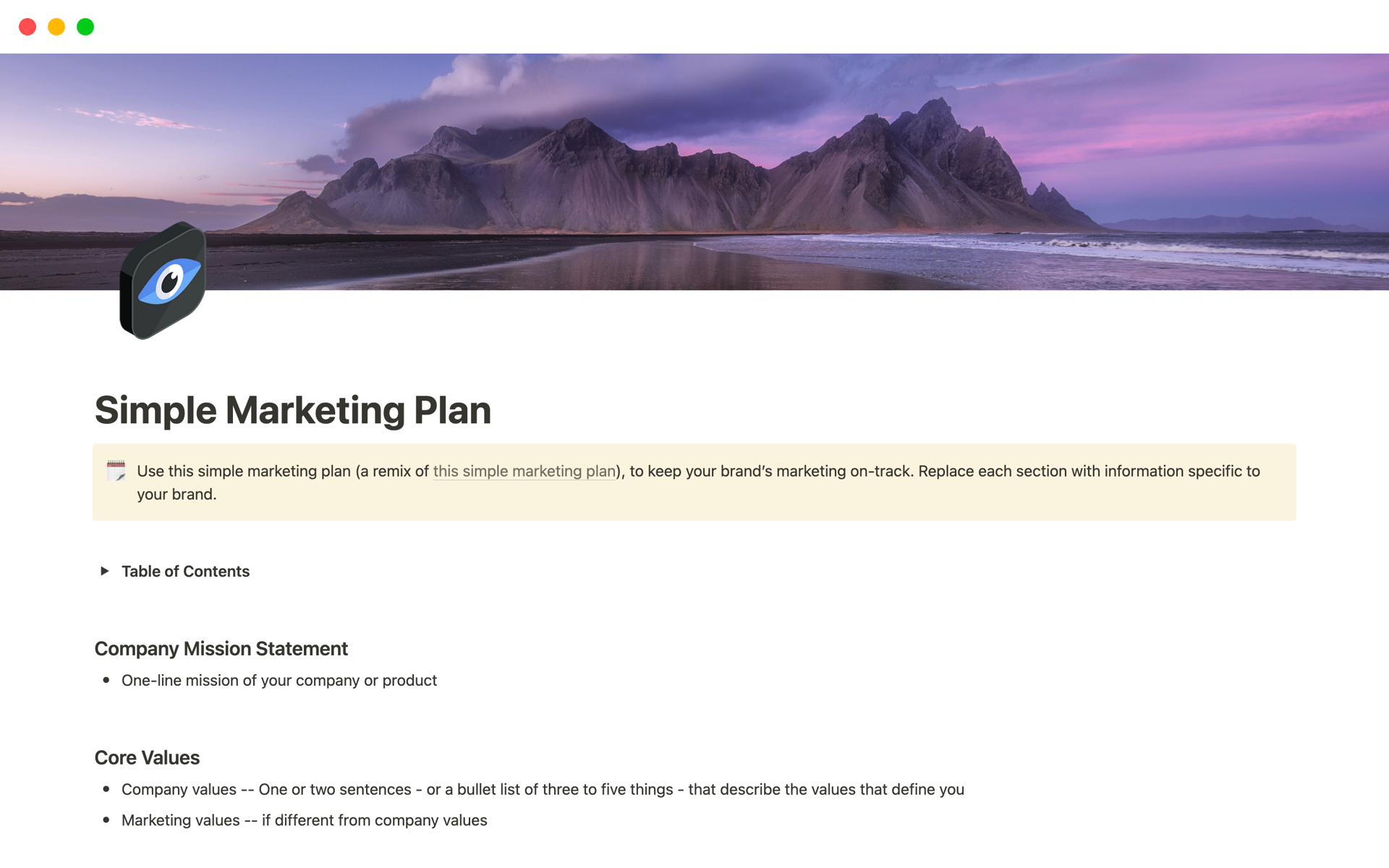 A template preview for Simple Marketing Plan