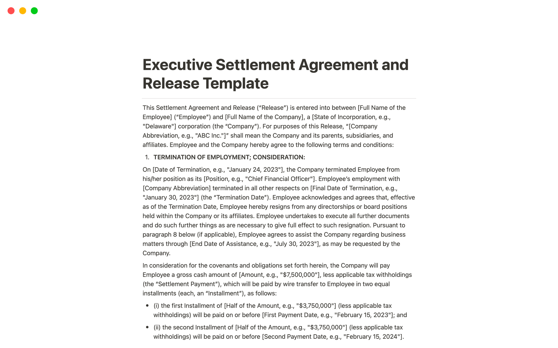 A template preview for Executive Settlement Agreement and Release