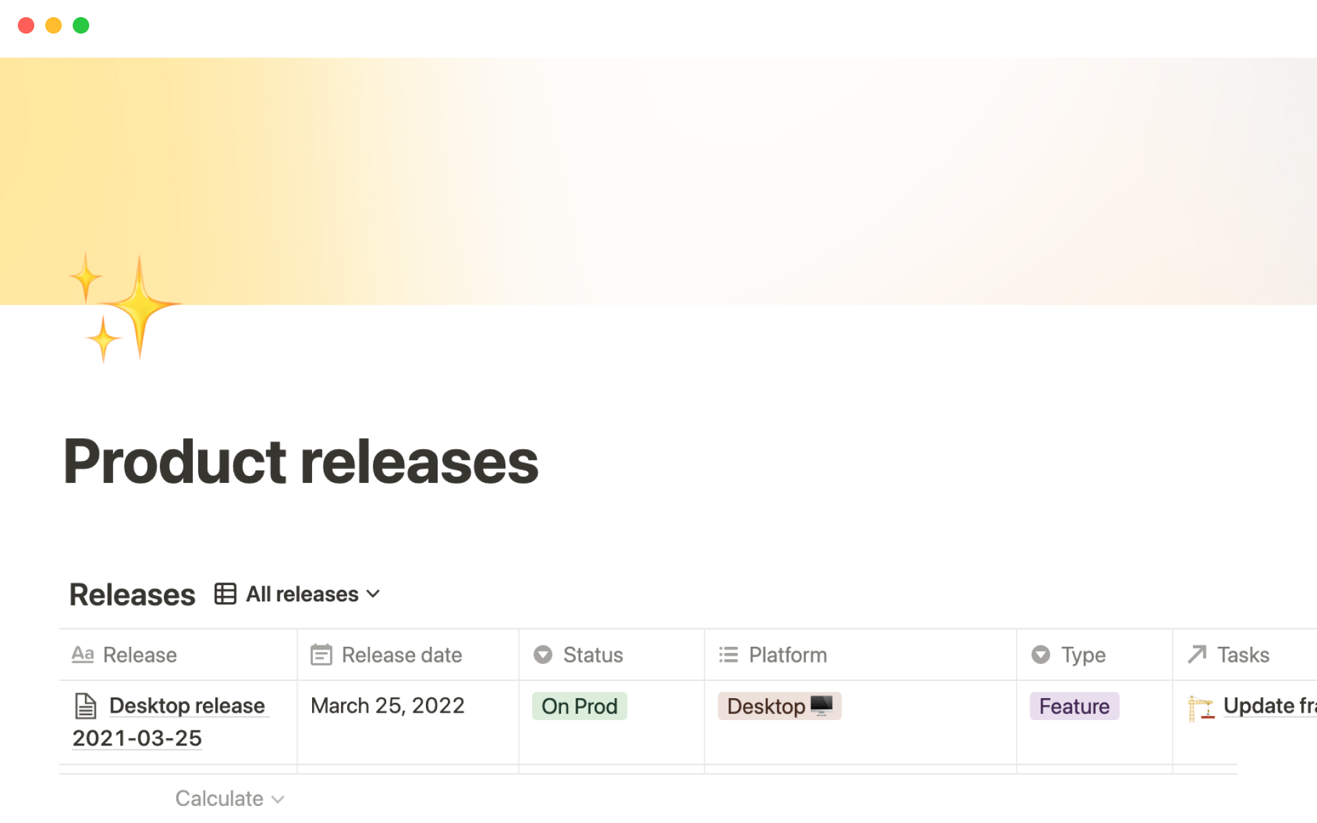 A template preview for Notion’s product releases