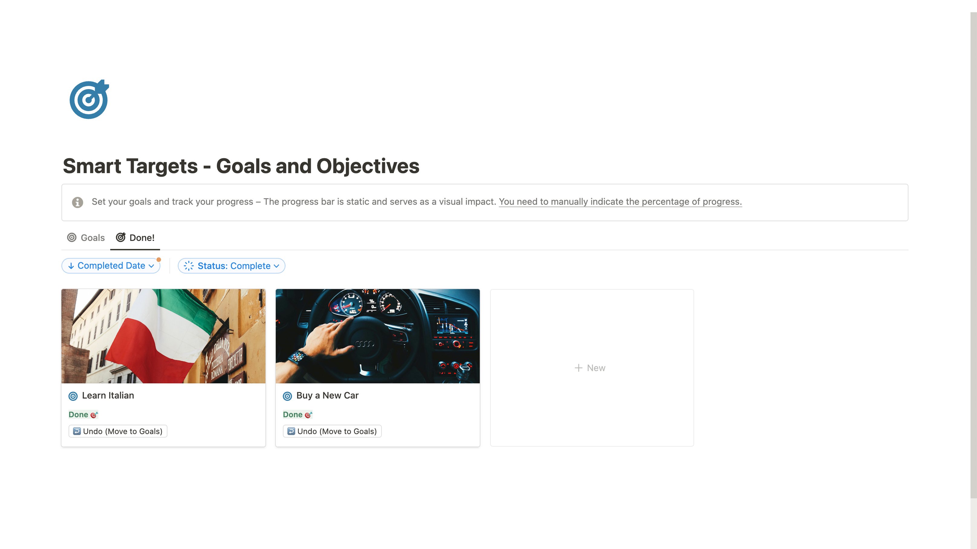Transforms goal setting with its clear interface, featuring visual progress bars, comprehensive management, and options to personalize goals with notes and images. Ideal for those aiming for personal and professional excellence, it simplifies systematic goal achievement.