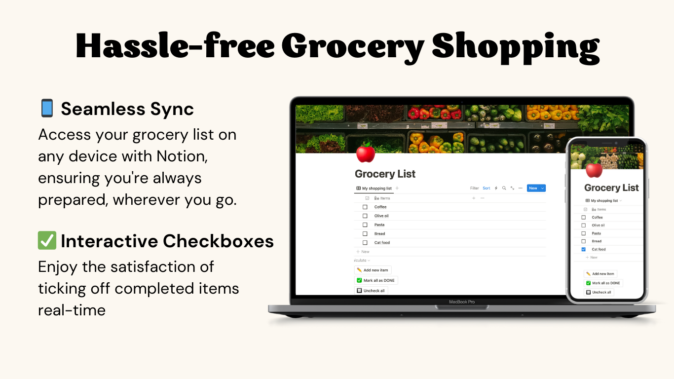 The simplest and delightful checklist that allows you to effortlessly mark and unmark items as you do your grocery shopping. 