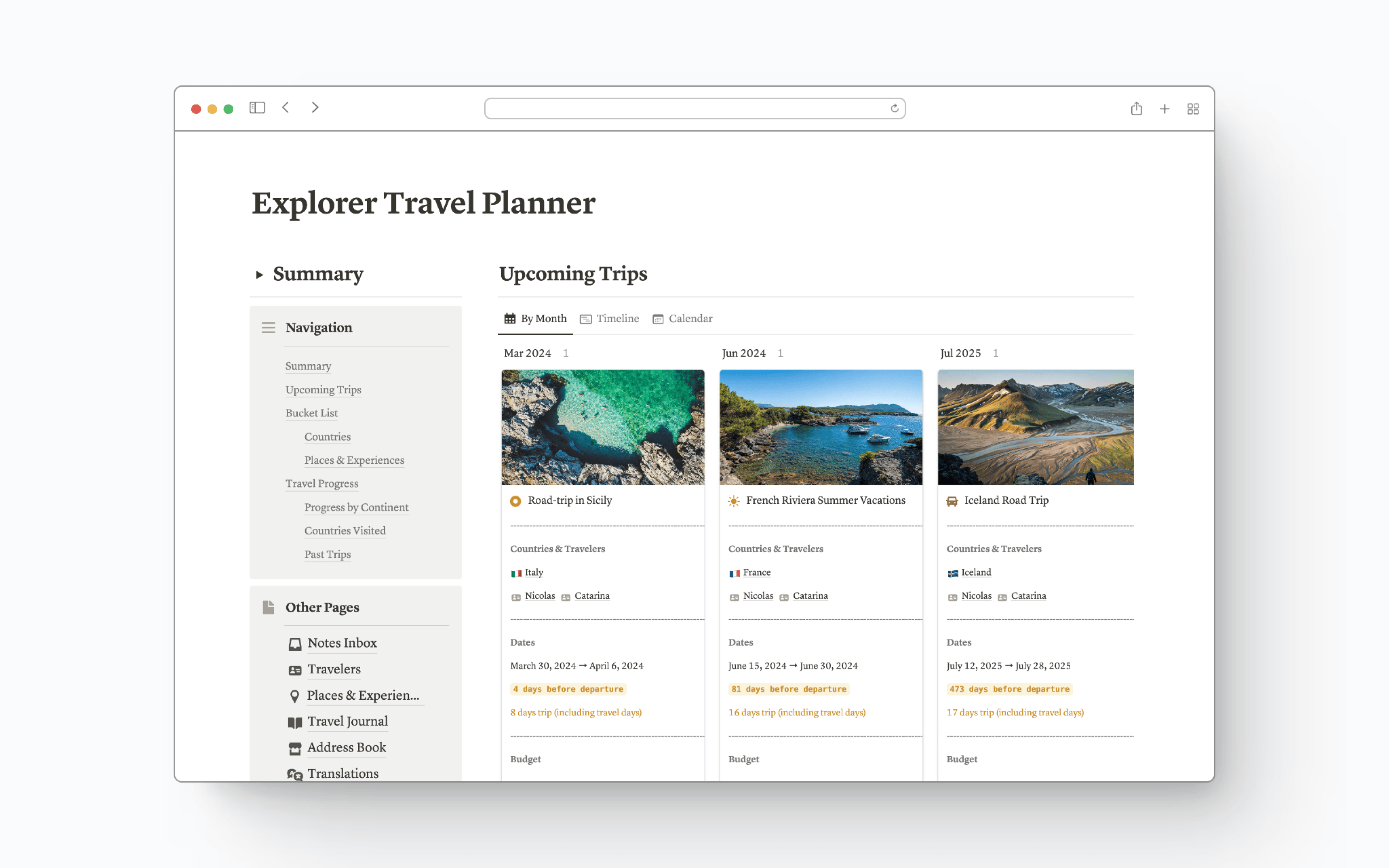 Plan your next trips with the Explorer Travel Planner and make your travel dreams a reality. The templates includes 196 countries with all their essential details.