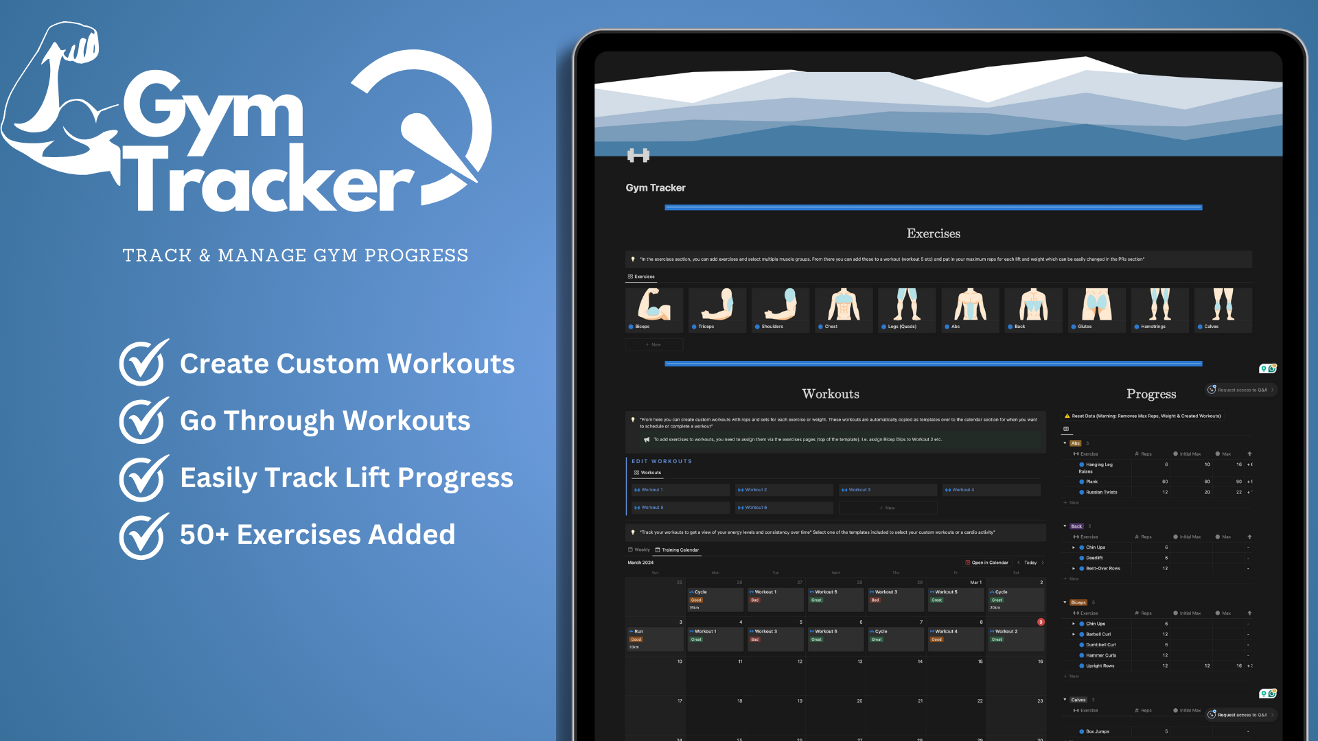 Gym Tracker allows you to create custom workouts by adding pre-made exercises with reps, sets & weights. Use the calendar to schedule and complete workouts.

Gym tracker also allows you to track your lifts to see your progress in each exercise over time.