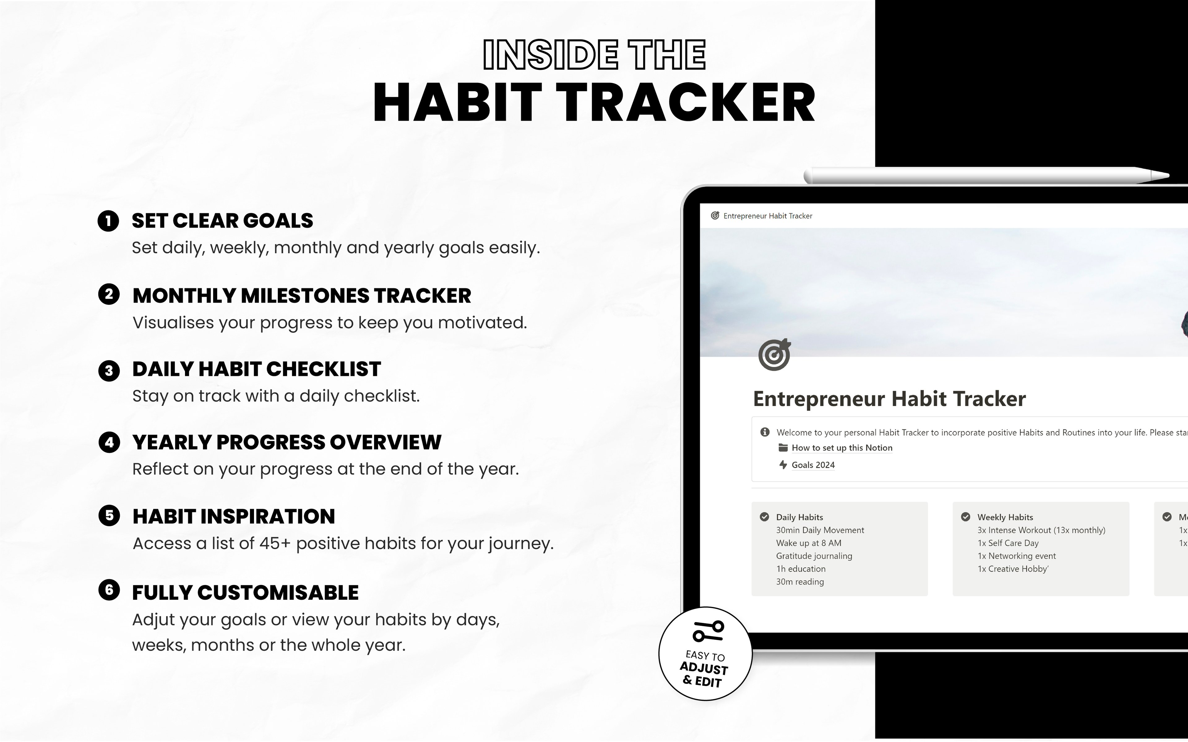 Designed to support your growth journey, this Notion template offers a comprehensive way to monitor habits, manage goals, and streamline your daily routine. It’s a versatile tool for anyone aiming to stay on top of their personal and professional development.