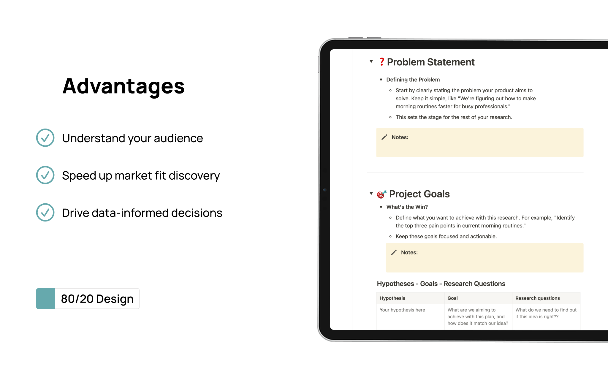 Kickstart user research with “🚦 User Research Kick-off” from 80/20 Design. Perfect for solopreneurs & startups, this Notion template guides your insight discovery 🌱.
Explore more tools at www.8020d.com.