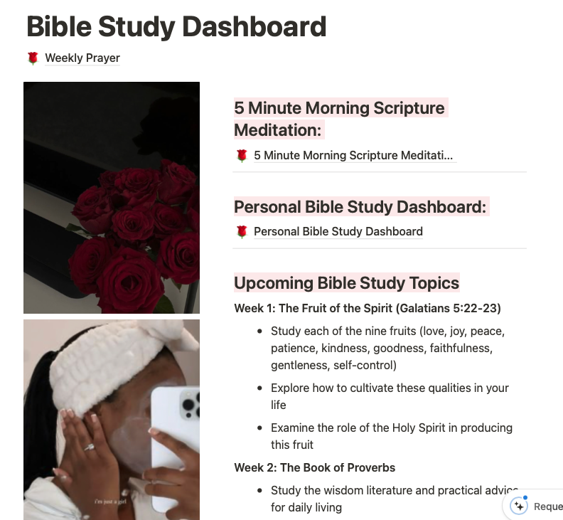 Calling all women seeking to strengthen their relationship with God! This Bible Study Notion Dashboard is a digital tool created to enable you to track your spiritual growth and ensure you are taking time to study God's word daily.
