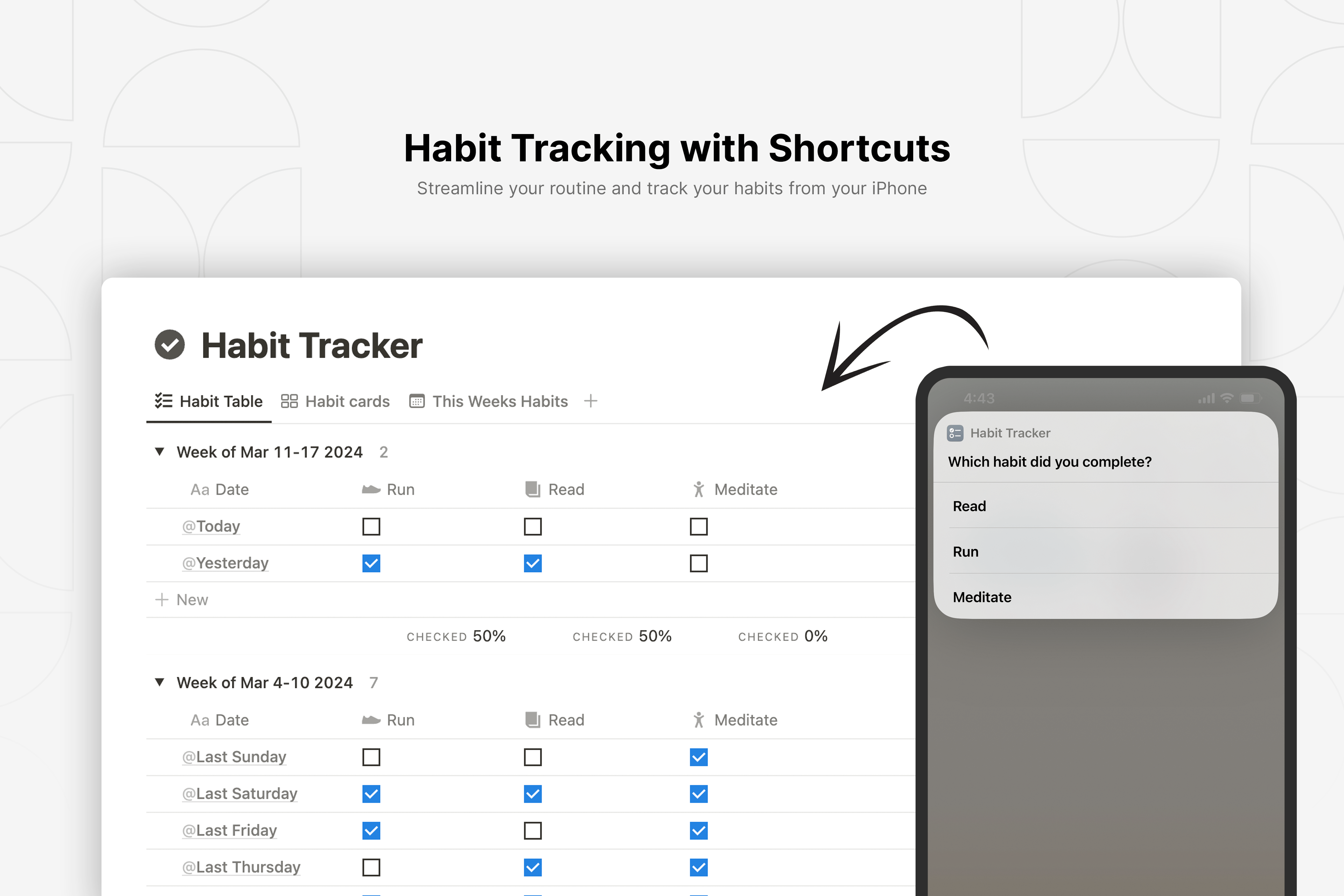 Track your habits effortlessly with our Notion template and widget for iPhone and iPad, enabling easy meal logging and habit tracking. Quickly mark habits as done with a tap, with daily refreshes and a clear progress view.