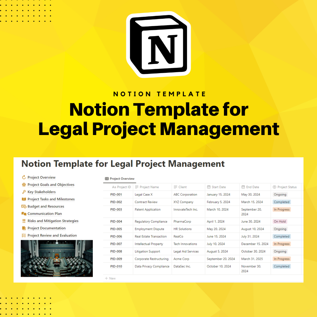 Streamline your legal project management with our comprehensive Notion Template tailored specifically for legal teams. Organize tasks, track milestones, and collaborate seamlessly to maximize efficiency and ensure project success. 