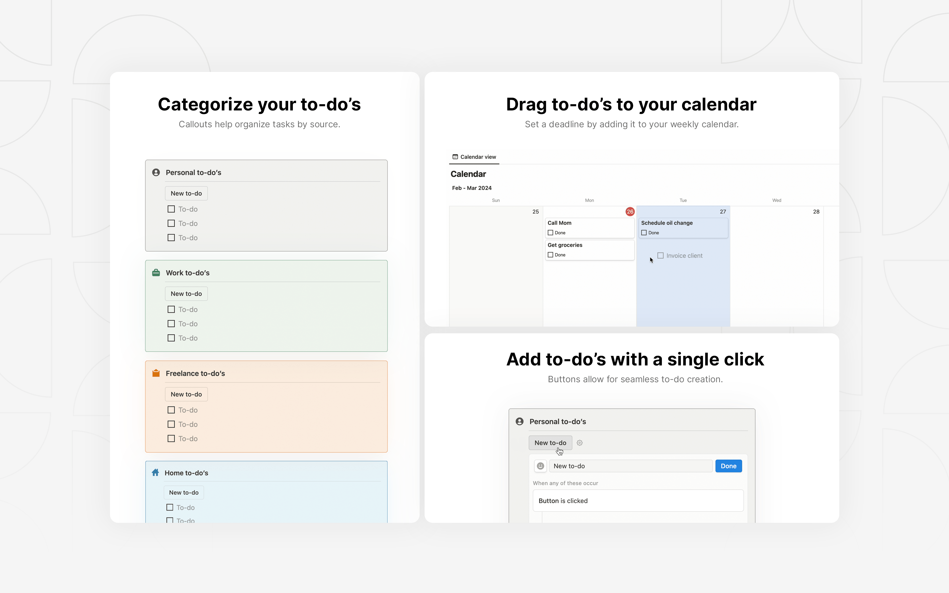 A simple, yet functional task manager with the ability to organize your to-do's from multiple different sources. Use the calendar view below to add deadlines to tasks.
