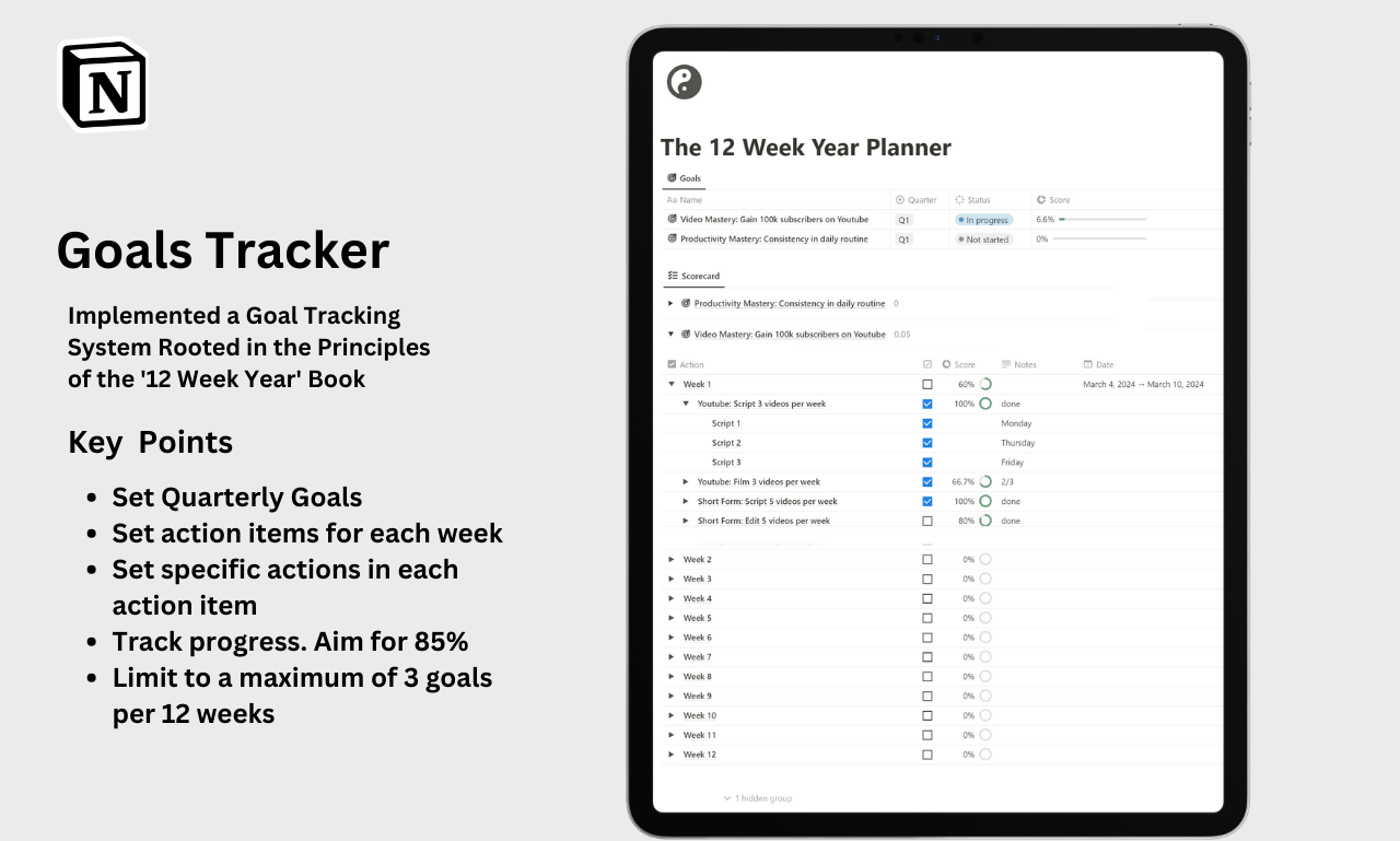Level up your planning game with our 12-Week Planner Template. Set goals, break them into 12-week plans, and crush tasks week by week. Stay focused, achieve more.