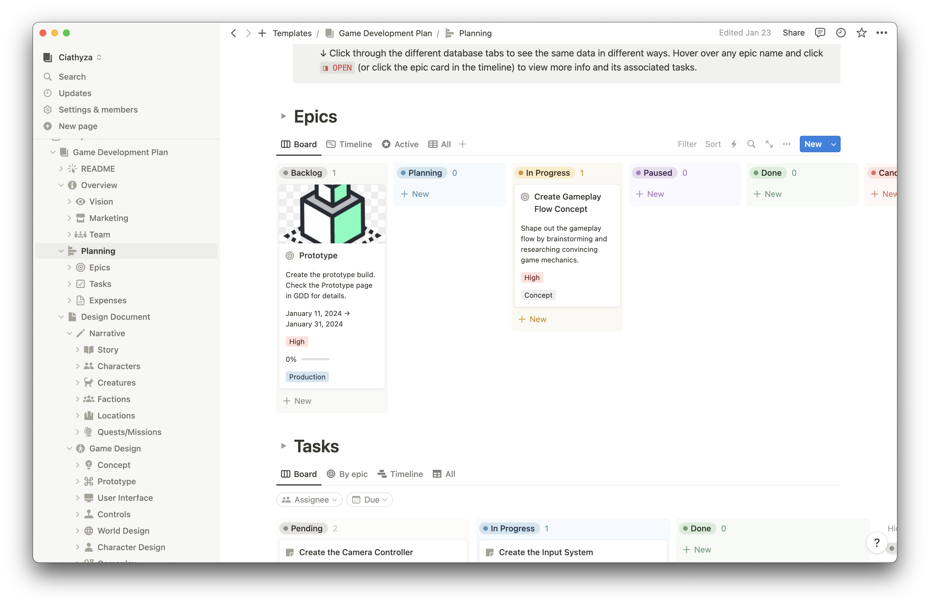 GDD Game Development Plan Notion Template