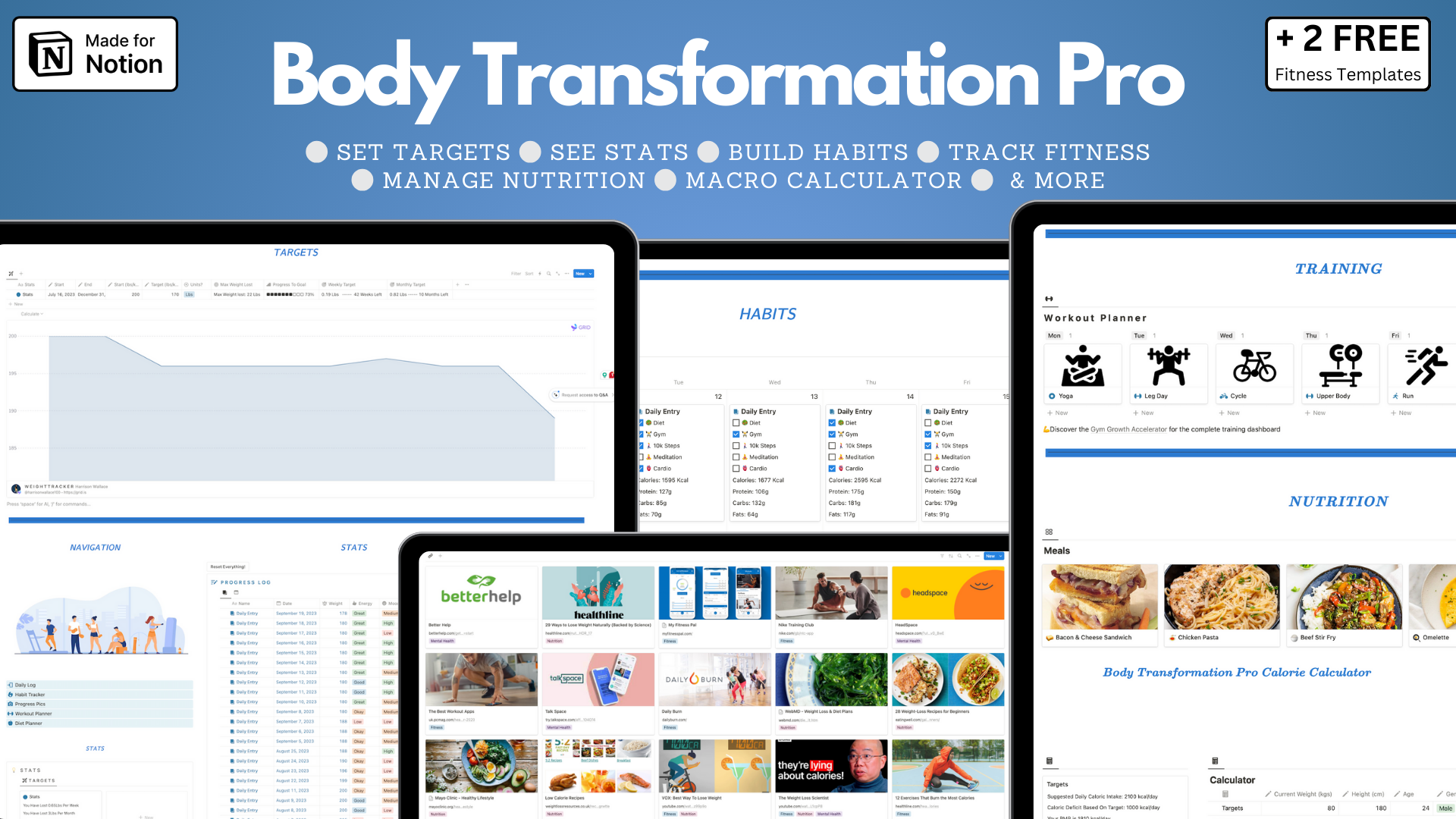 The best tool to transform your body in the next 100 days! Set weight targets, track progress, manage nutrition, build habits, meal plan, phone view, fitness, online resources, body measurements, 2 free gifts, a money-back guarantee, lifetime improvements & more!