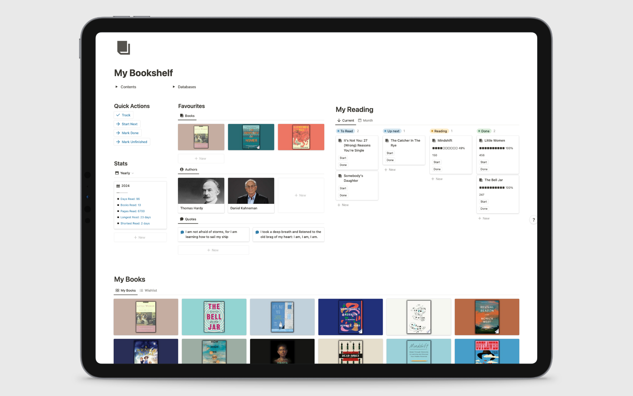 My Bookshelf will help you stay organised with your reading. It connects to Bookfill, an automation that automatically fills book details to your Notion database so you don't have to manually add them. A beautiful book cover image is also generated and added to your pages.