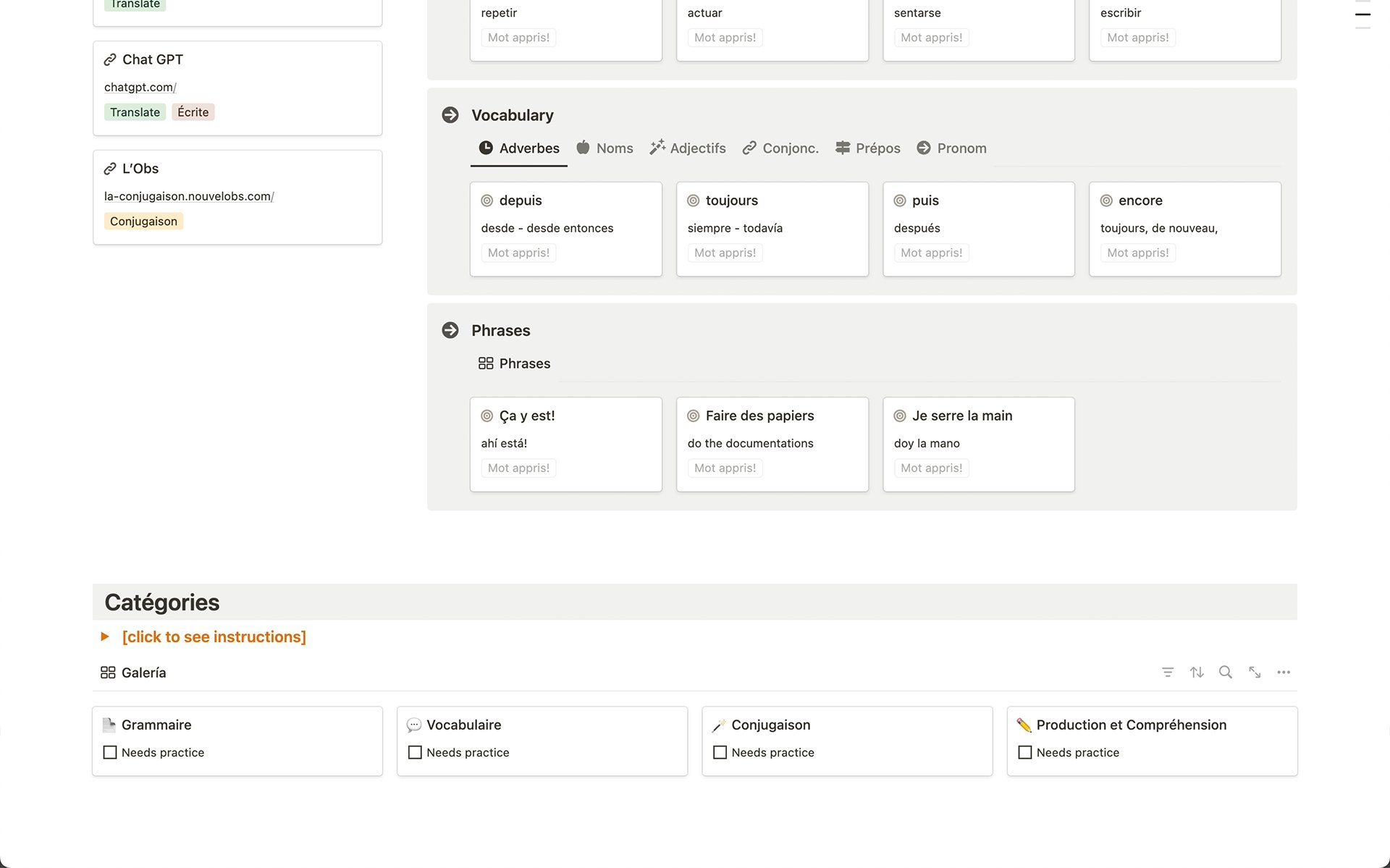 Learning French, all levels. Notion Template
