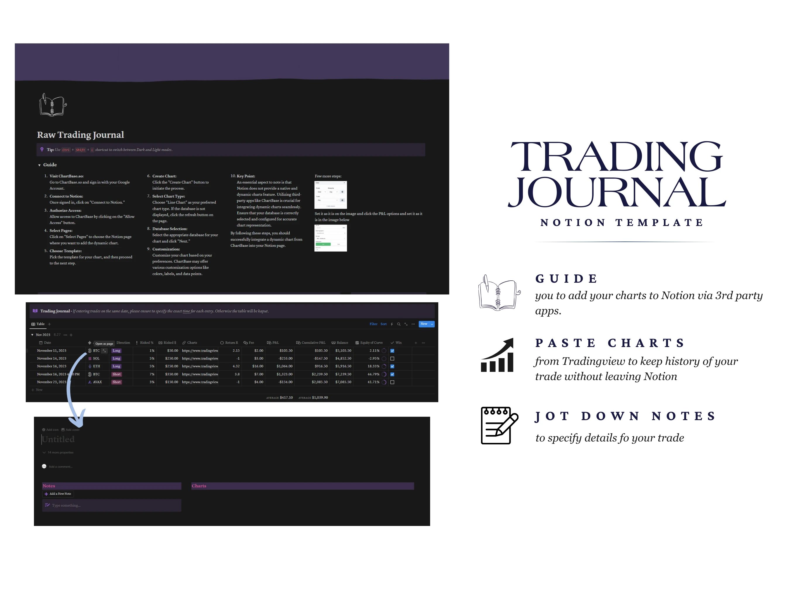 An easy-to-use Notion template made for keeping track of your trading activities, setting and monitoring your trading goals, and helping you understand and improve your trading performance through analysis.
