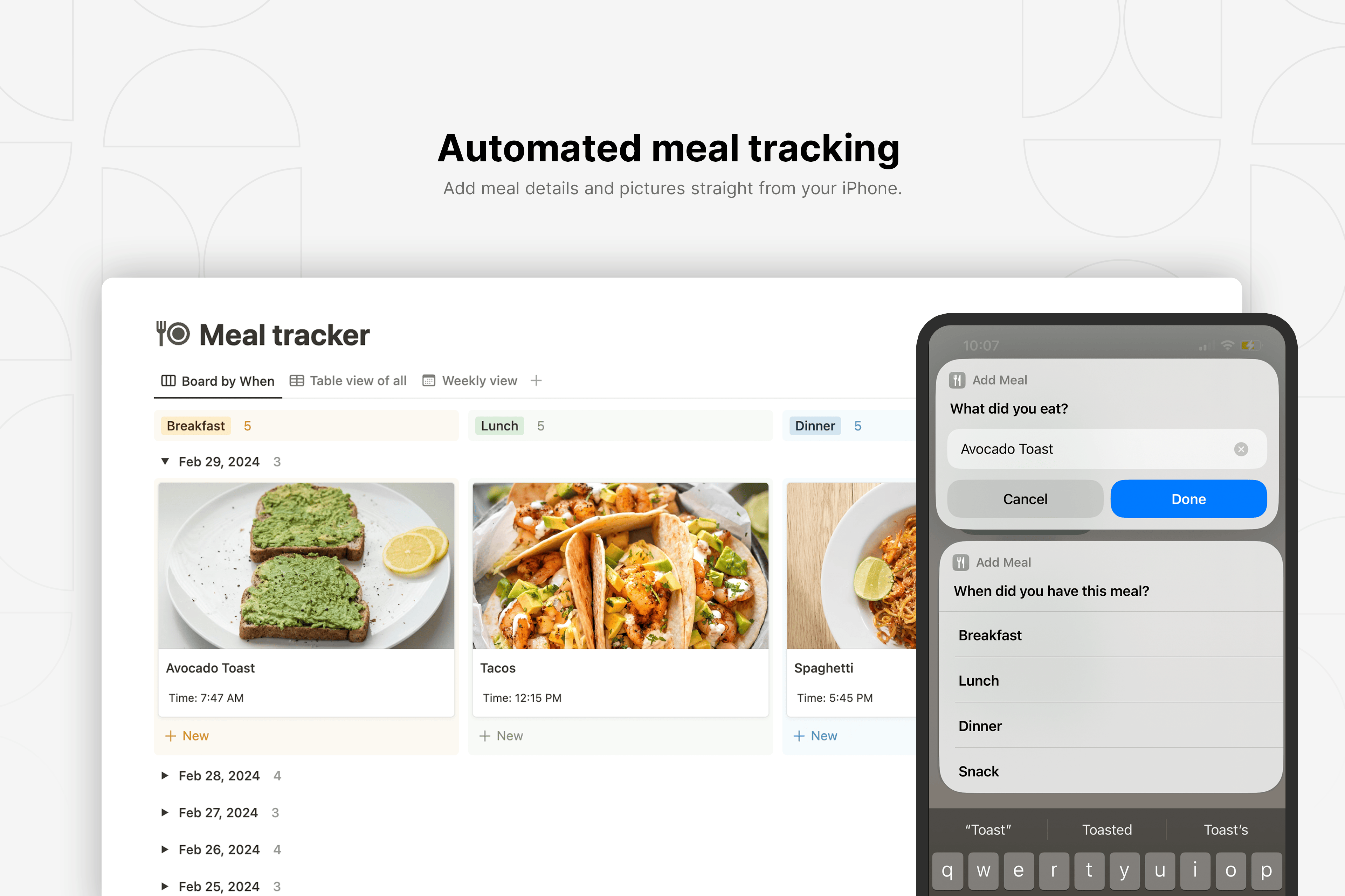 Tracking your meals has never been this easy! Use this template to easily log your meals straight from your iPhone's homescreen.