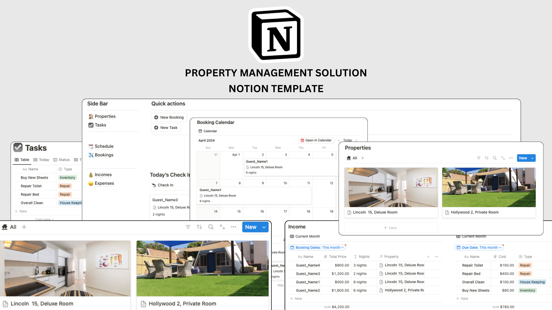 Streamline your Airbnb business effortlessly with our Notion template. Effortlessly track bookings, tasks, income, and expenses in one place. Plus, our flexible infrastructure allows easy addition of new features. Elevate your property management game today!