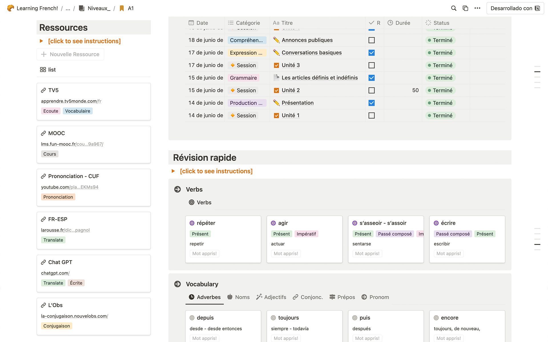 Learning French, all levels. Notion Template