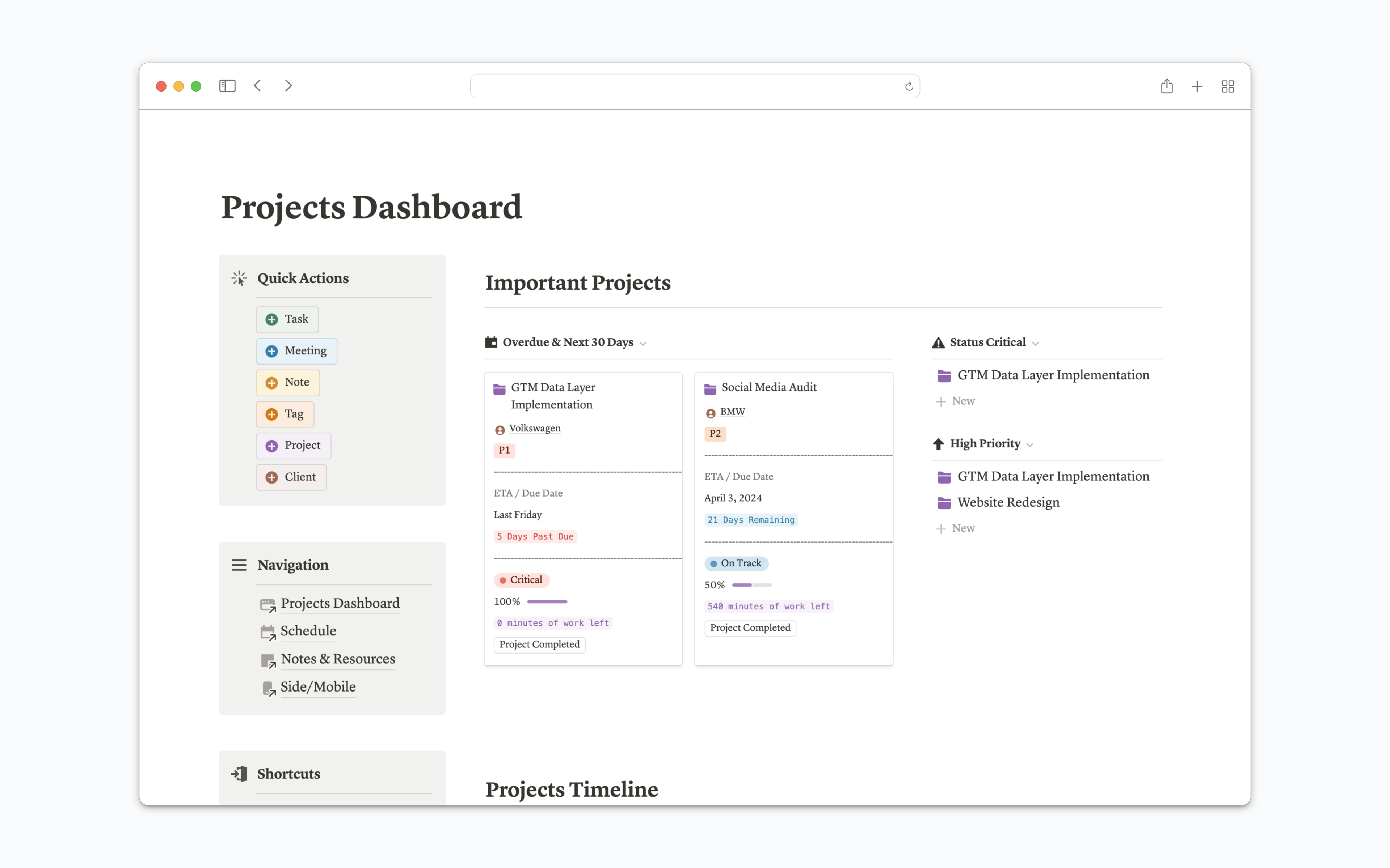 The all-in-one system for project managers and freelances to keep track of multiple projects for multiple clients and always deliver them on time.