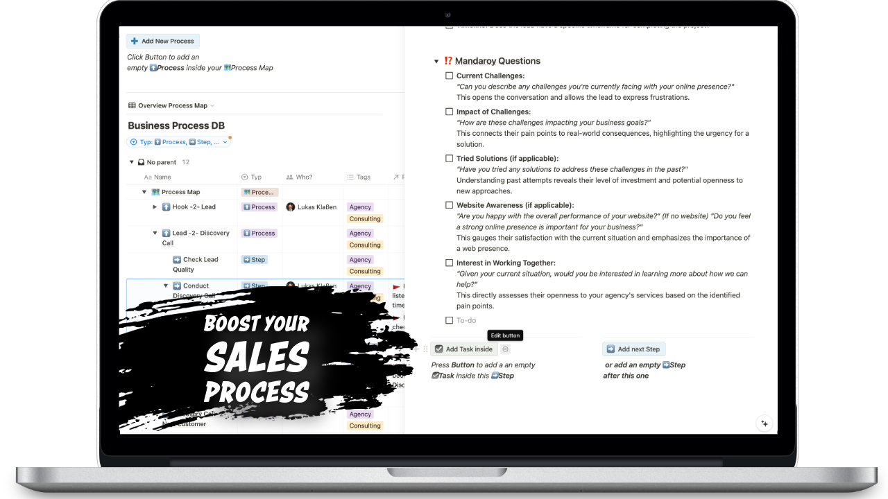  ❤️ Save your team time and nerves by creating a common understanding of your workflows

✅ Fastest way to improve business processes!
🗺️Process Map for fast growing Agency & Consulting Businesses 
🤯 Full Business Process Management Tool inside Notion 


