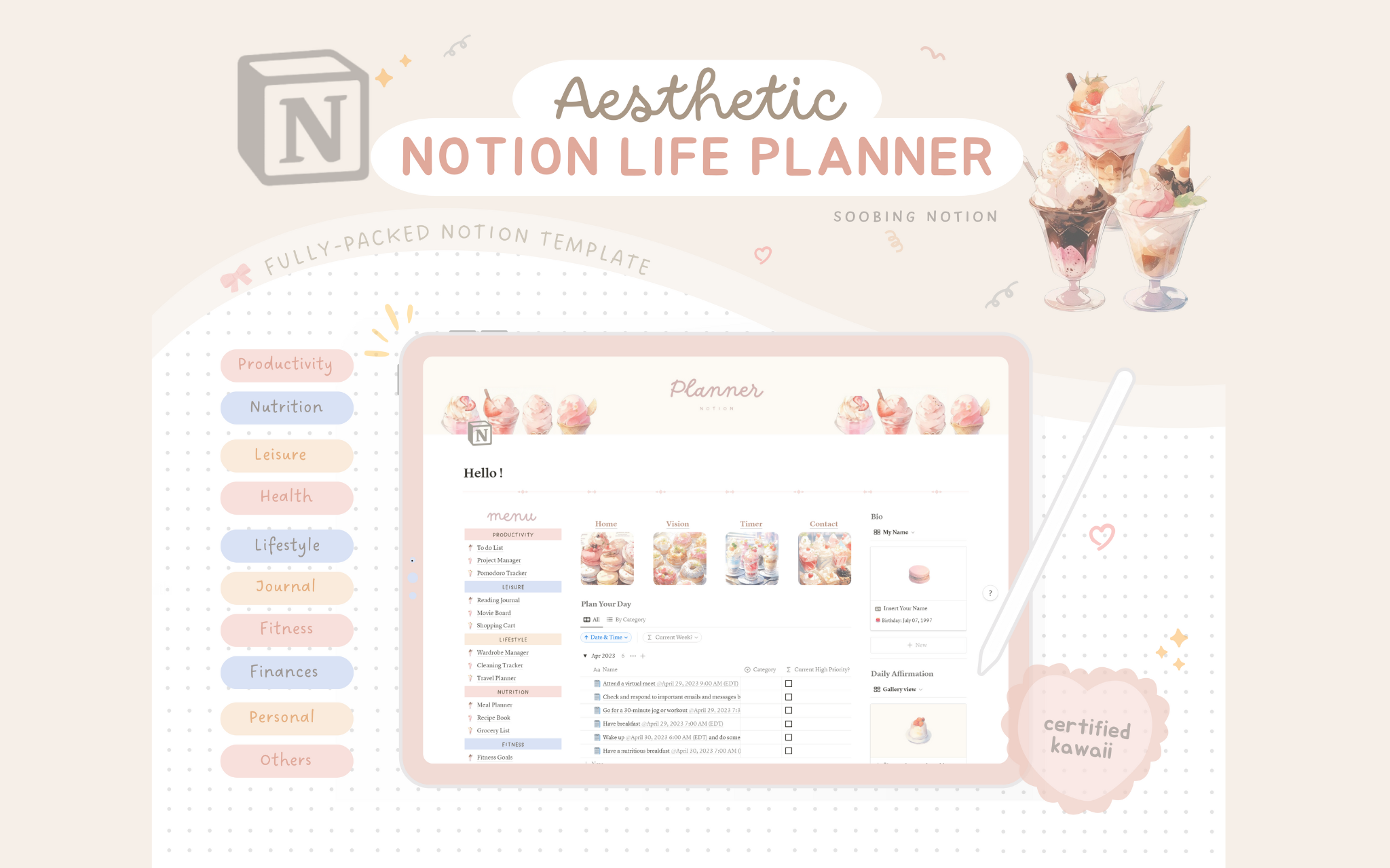 Introducing our Kawaii Aesthetic Notion Template 🍨 – where productivity meets aesthetics. Experience the perfect blend of soothing visuals and seamless organization. Effortlessly manage tasks, track goals, and cultivate habits in a customizable, elegant space.  
