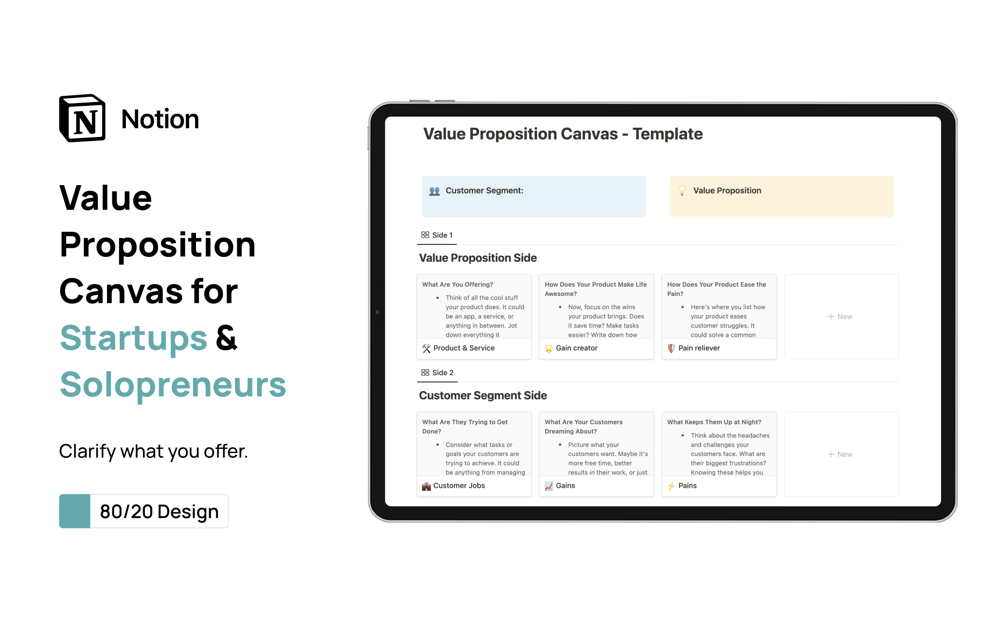 Craft your value clearly with the '🖼️ Value Proposition Canvas' from 80/20 Design. Perfect for solopreneurs and startups, it helps align your offerings with customer needs 🎯.
Dive into www.8020d.com for more tools and guides 🚀.