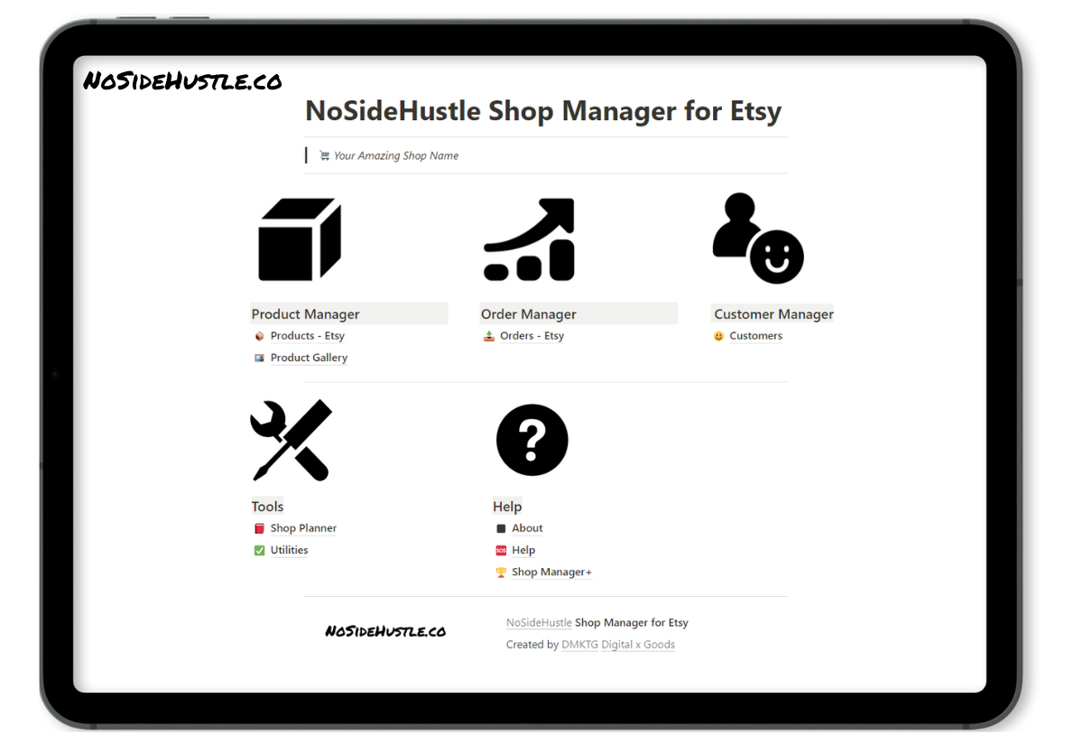 Elevate Your Etsy Empire with Ease

Welcome to your Free Etsy toolkit for entrepreneurial brilliance! Introducing NoSideHustle Shop Manager for Etsy the essential companion designed for ambitious entrepreneurs and side hustle champions ready to amplify their Etsy success