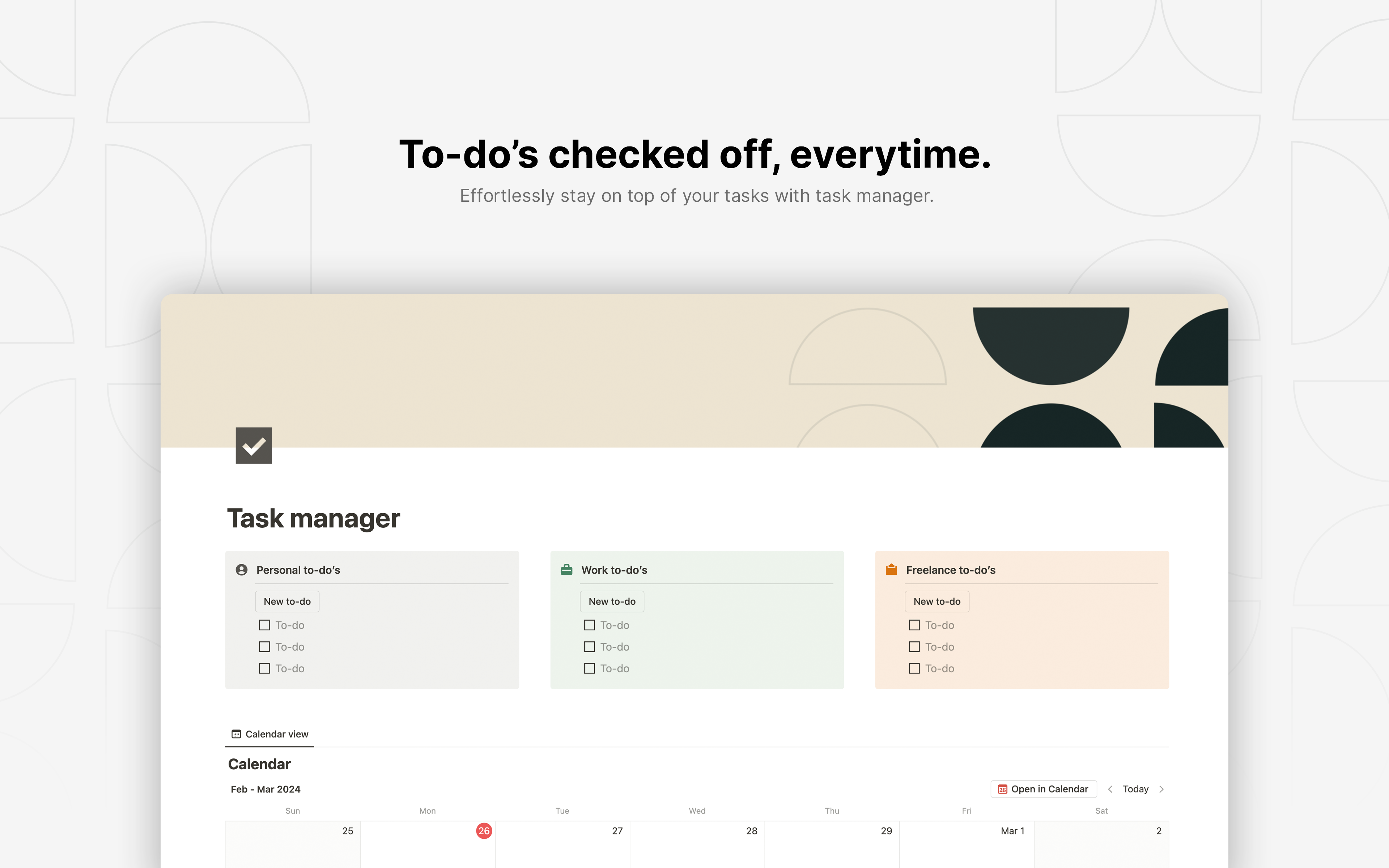 A simple, yet functional task manager with the ability to organize your to-do's from multiple different sources. Use the calendar view below to add deadlines to tasks.