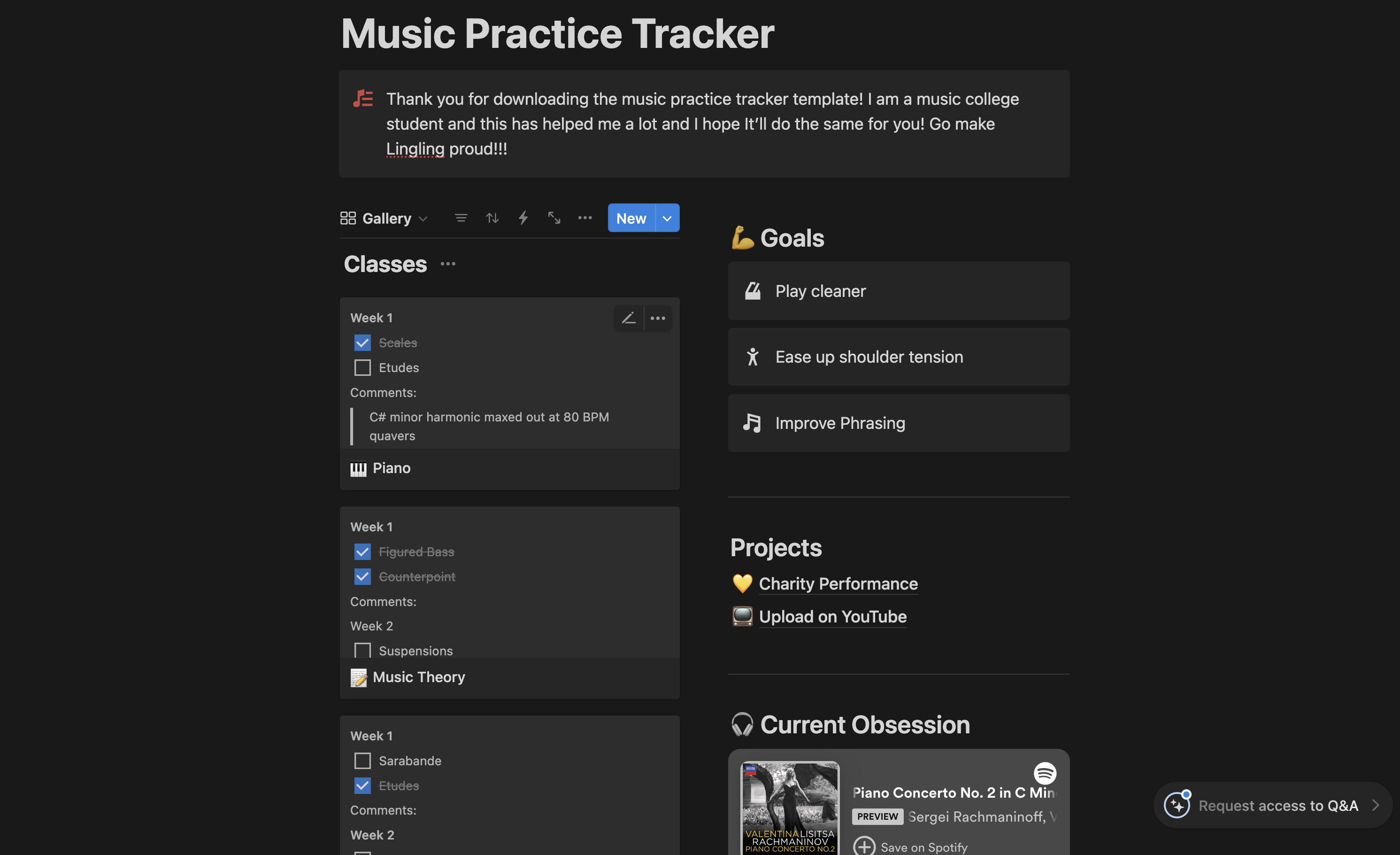 Track your class and practice progress, goals and projects with this template. It can also be used for whatever subjects you need help keeping track of. I am a music college student with ADHD so this has helped me a lot. I hope It’ll do the same for you!