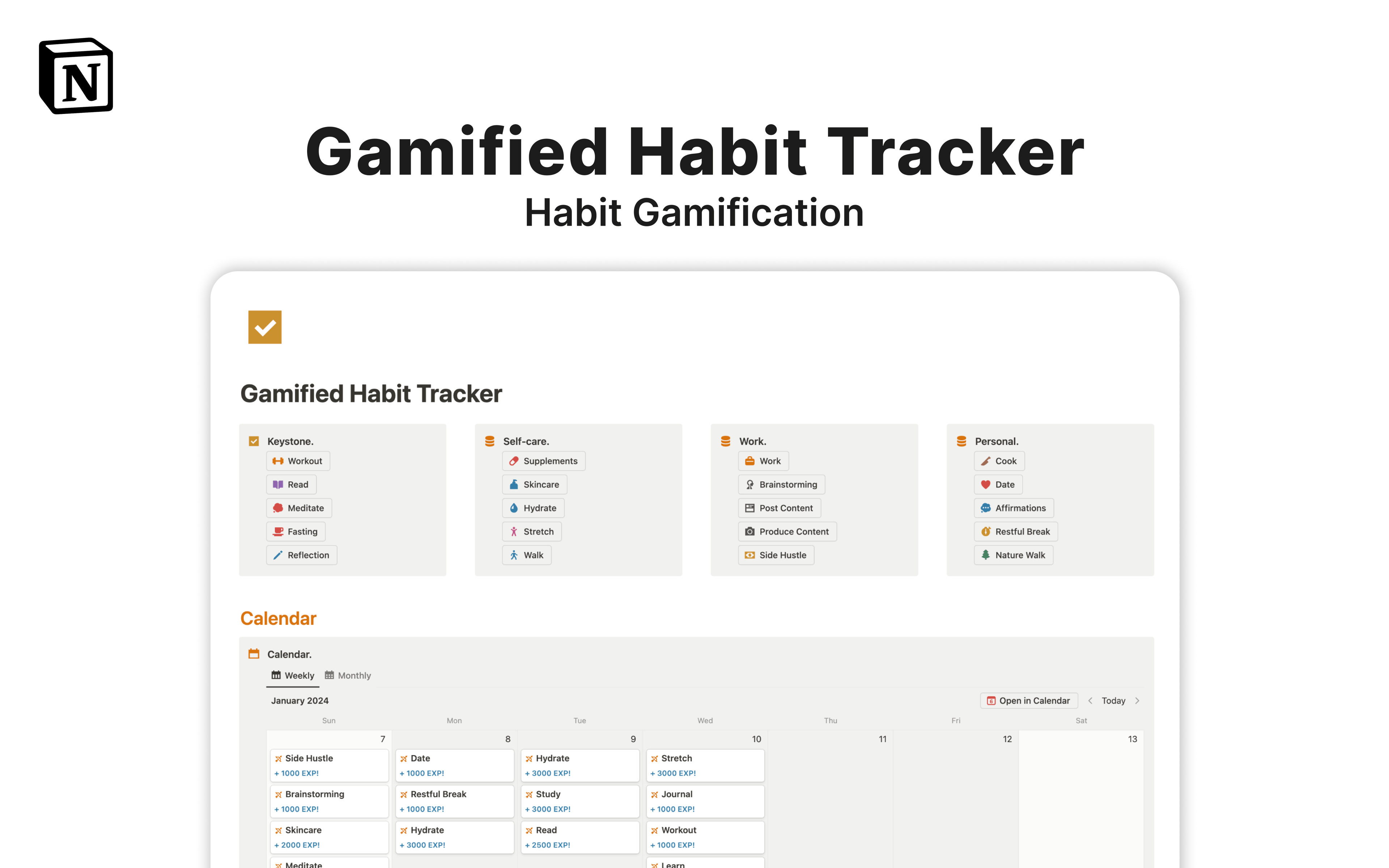 The Gamified Habit Tracker is a refreshing take on Notion Habit Trackers. By straying away from typical checkbox-based, recurring, and low-flexibility templates, the Gamified Habit Tracker gives you the convenience of button-based habit tracking along with an EXP system.