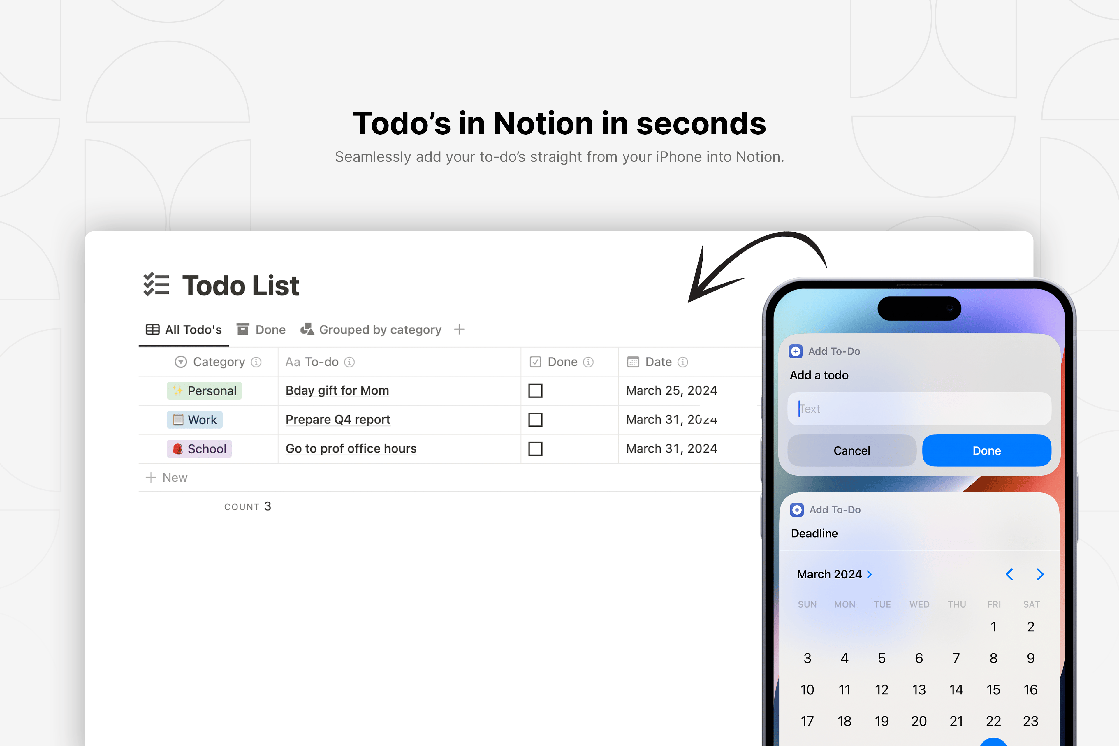 Adding todo's to Notion is finally seamless! This Notion template makes it super easy to add todo's straight from your iPhone and send them to the todo list database.
