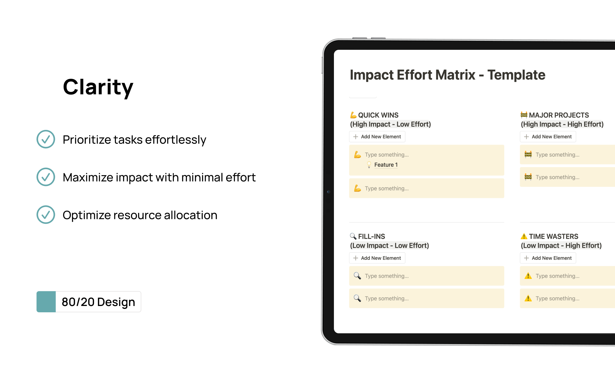 Simplify your decision-making with the free "🎯 Impact Effort Matrix" from 80/20 Design. Ideal for startups and solopreneurs, this tool is part of our "Product Manual" arsenal, designed to elevate your strategic planning 🚀.
Check out www.8020d.com for the full suite and support.