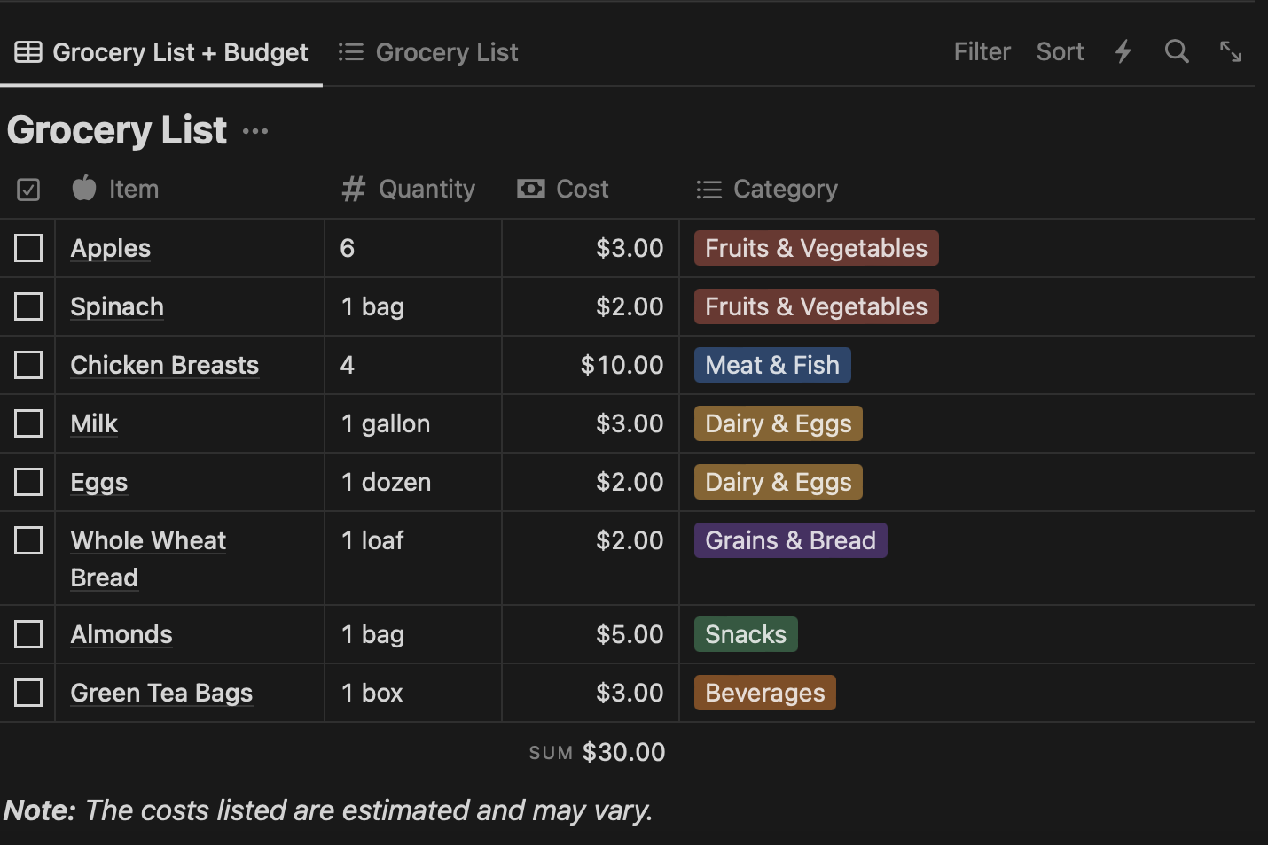 This meal planner and grocery list is a convenient tool that can help users organize their meals for the week ahead. It also complies a grocery list that is organized by category and quantity, to also include the ability to total the cost for efficient, budget-friendly shopping. 