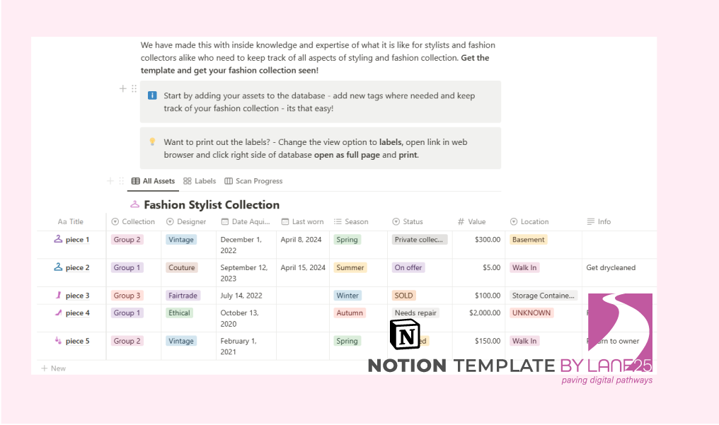 This is a tool for stylists, fashionistas, curators and collectors. This easy-to-use template will allow you to quickly find specific styles and fashion pieces. This template is also great for keeping record of an entire portfolio or collection or just organising a wardrobe.