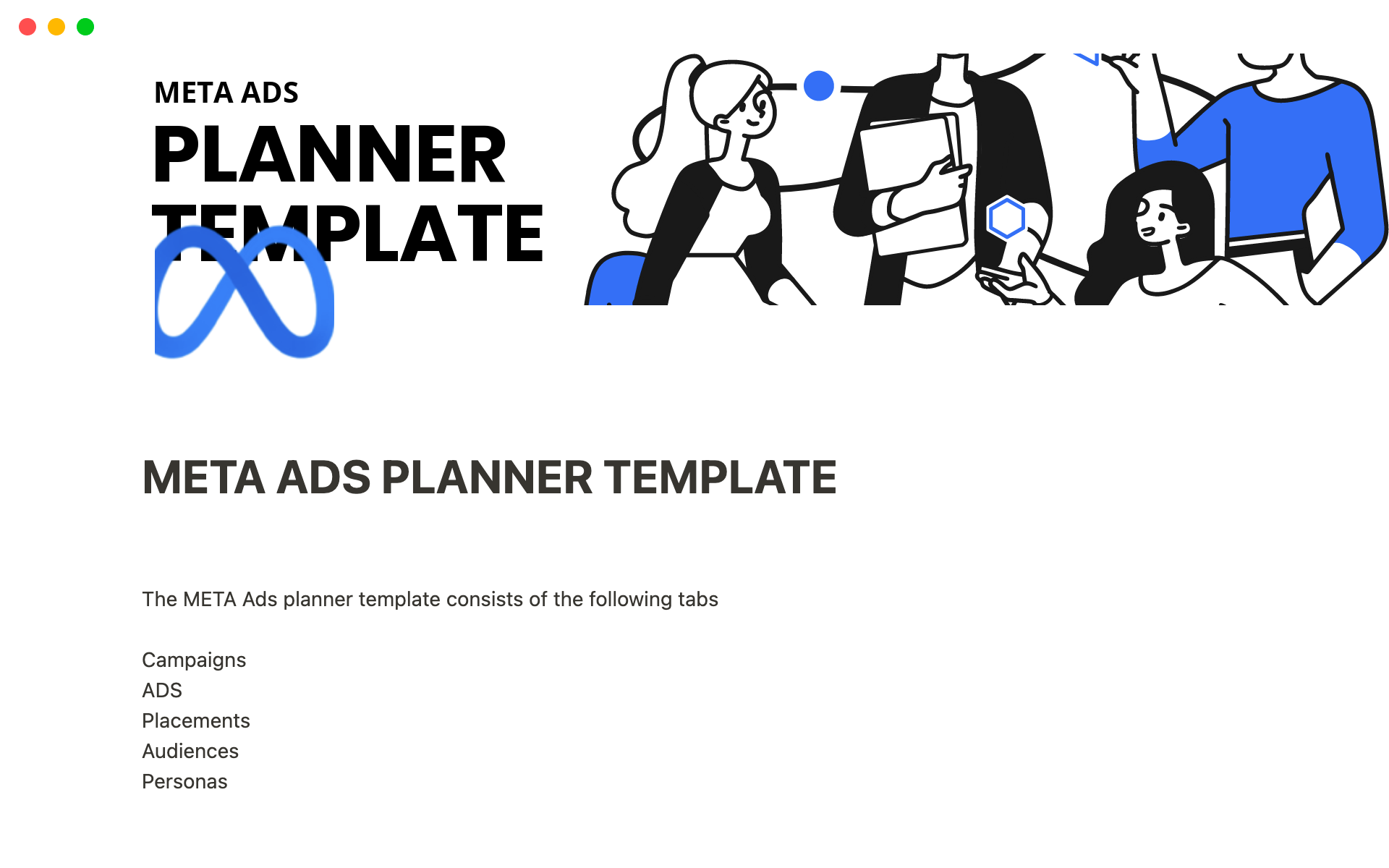 Vista previa de una plantilla para META ADS PLANNER TEMPLATE