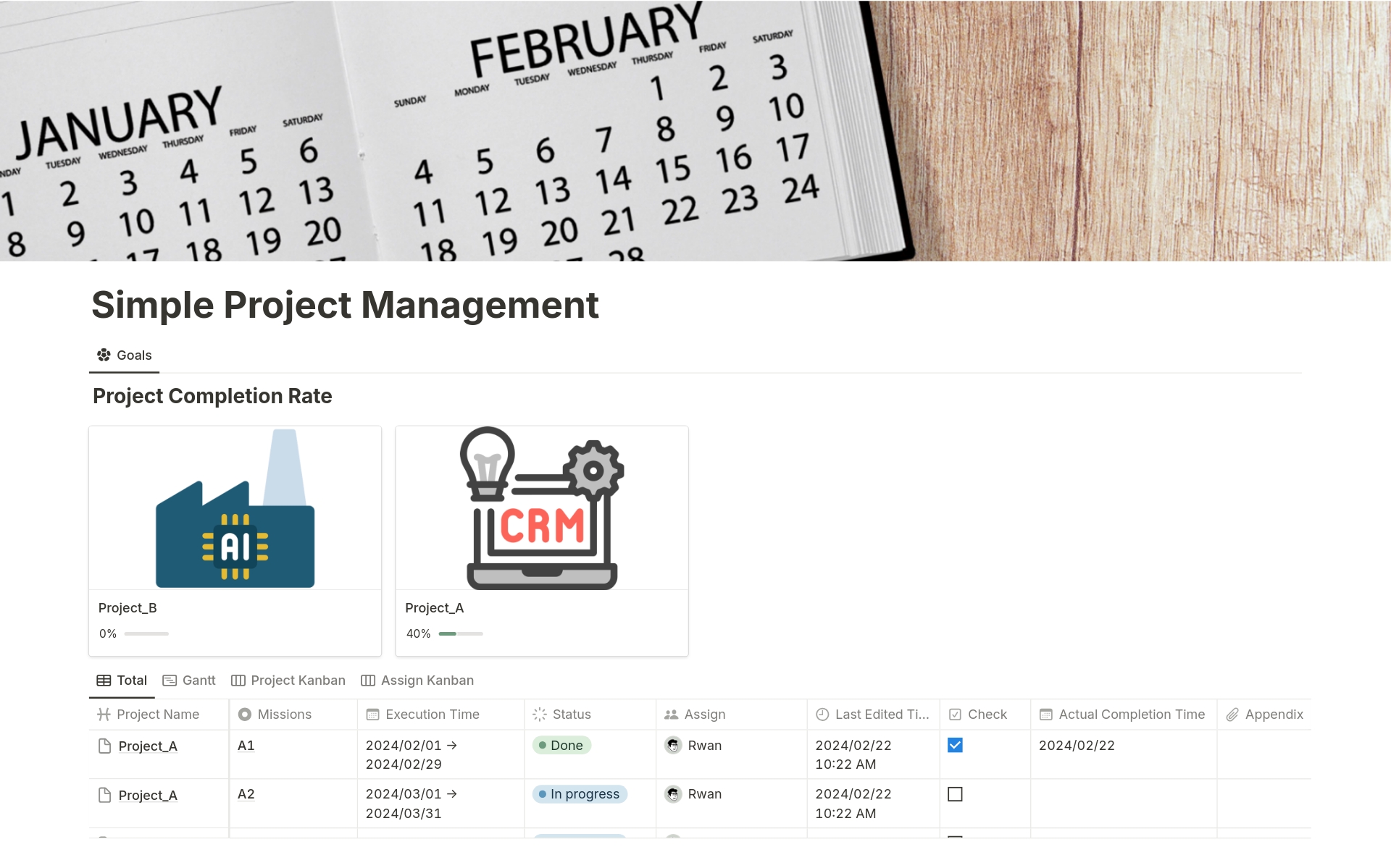 A template preview for Simple Project Management