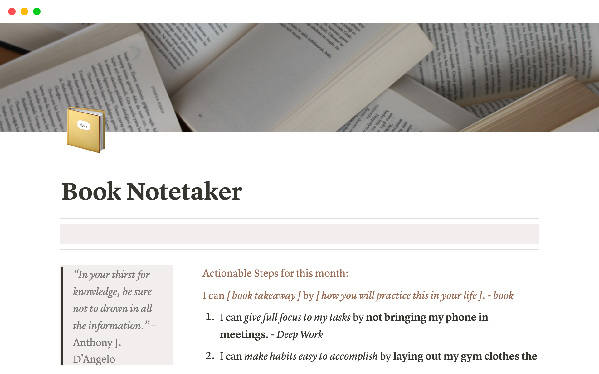 En förhandsgranskning av mallen för Book Note-taking on Notion | Intuitive and Understandable Template