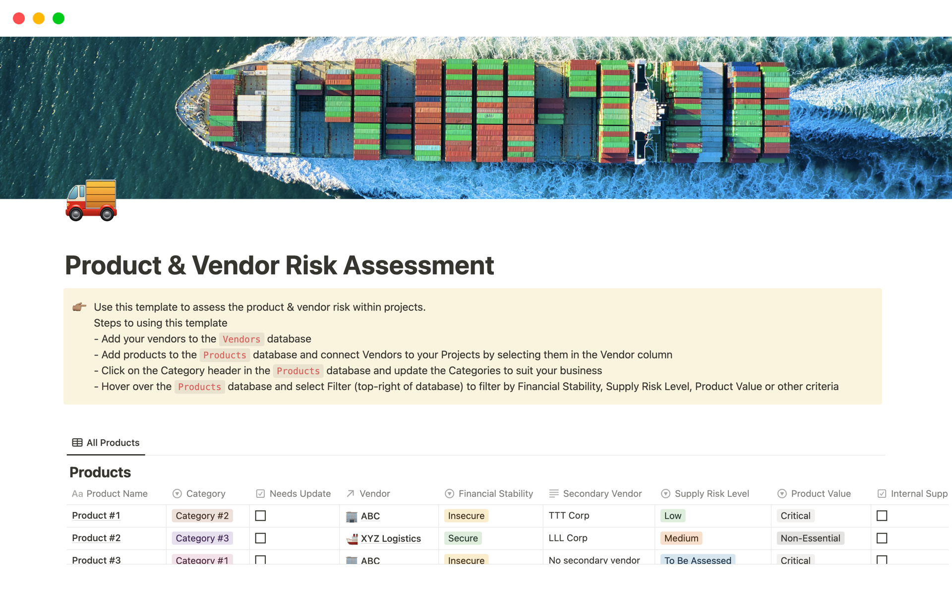 A template preview for Product & Vendor Risk Assessment