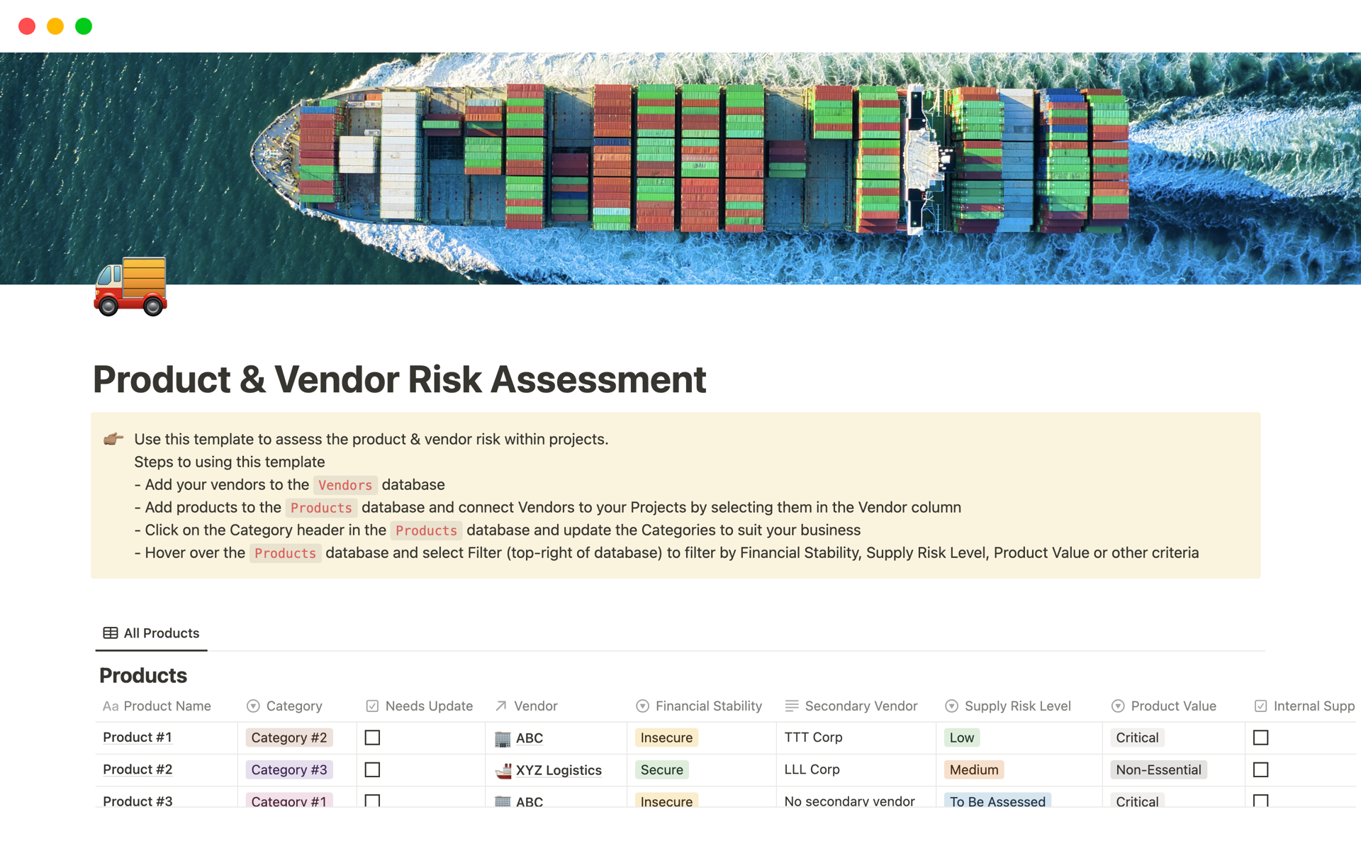 Uma prévia do modelo para Product & Vendor Risk Assessment