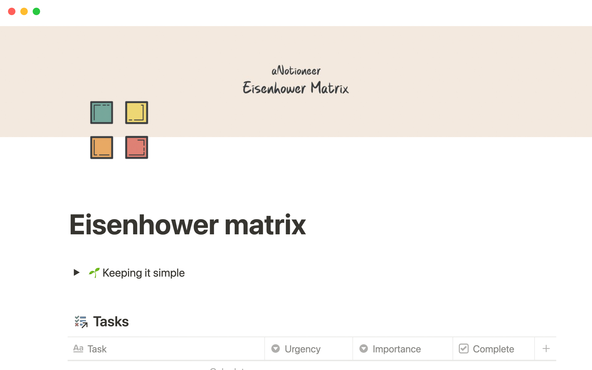 Vista previa de una plantilla para Eisenhower matrix