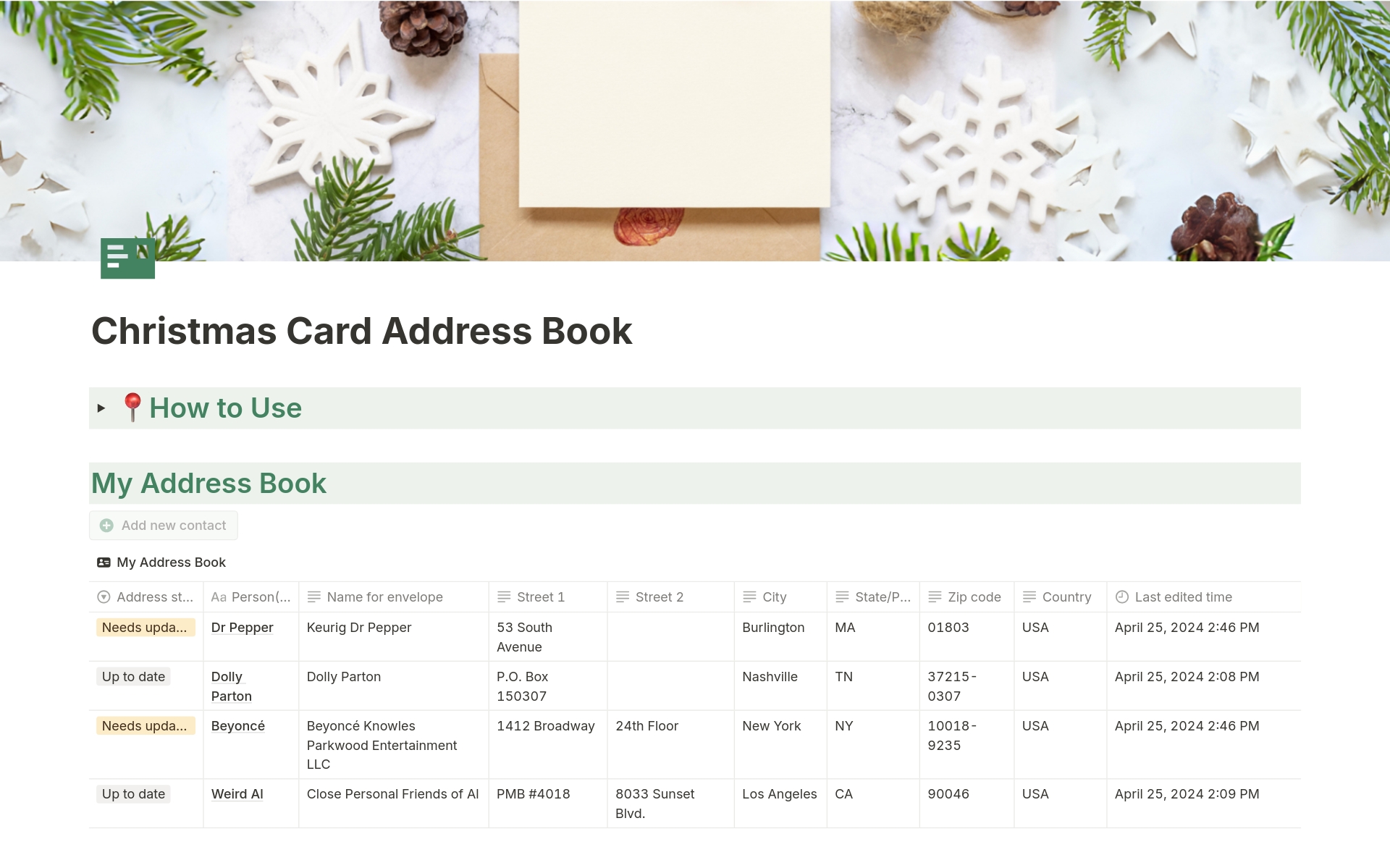 Sending Christmas cards? Use this as your source of truth for mailing addresses. Track friends whose addresses you need to update. Easily export when you're ready to make mailing labels.