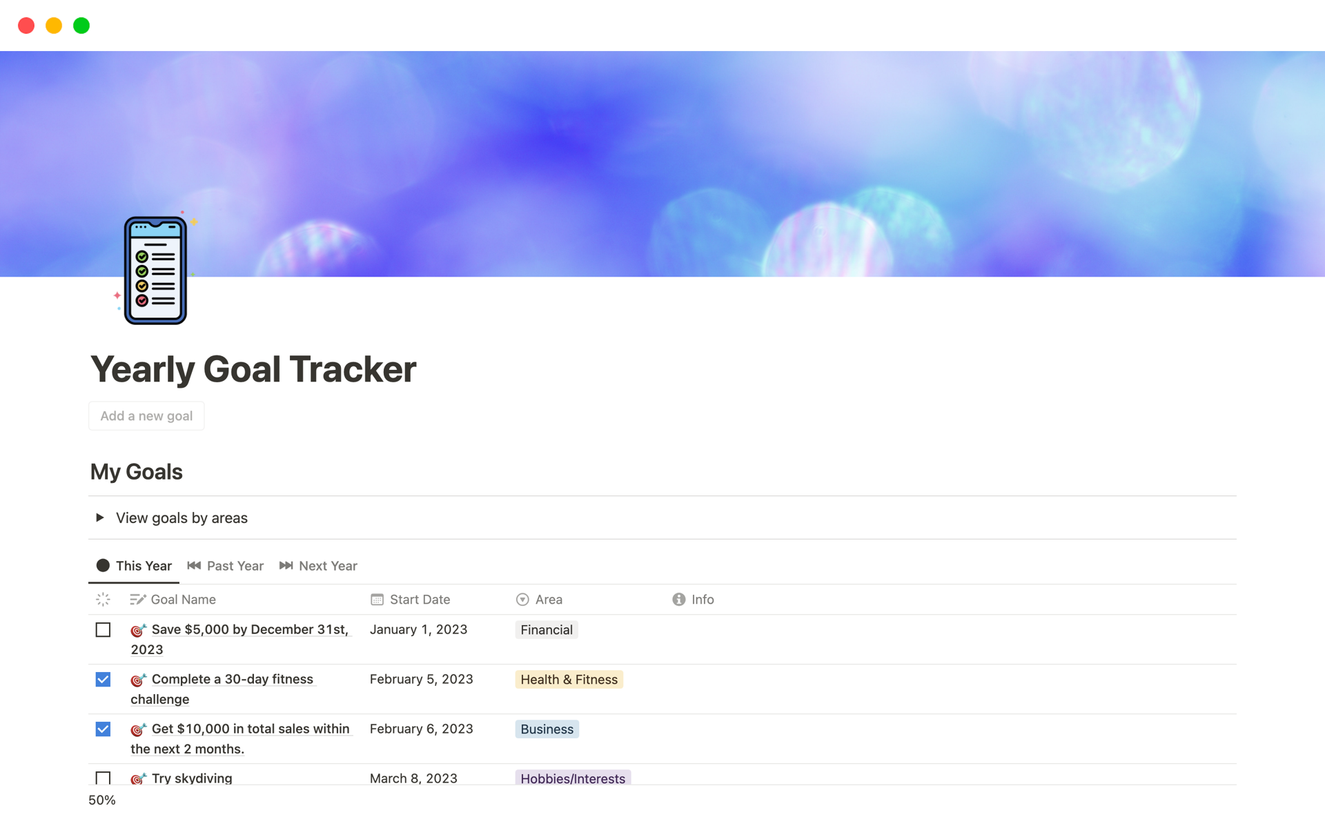 The Yearly Goal Tracker is a comprehensive Notion template designed to help you set and track your yearly goals.
