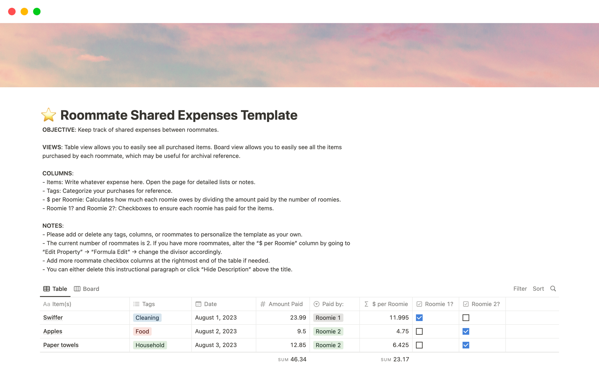 Simple and effective shared expenses tracker template for roommates.